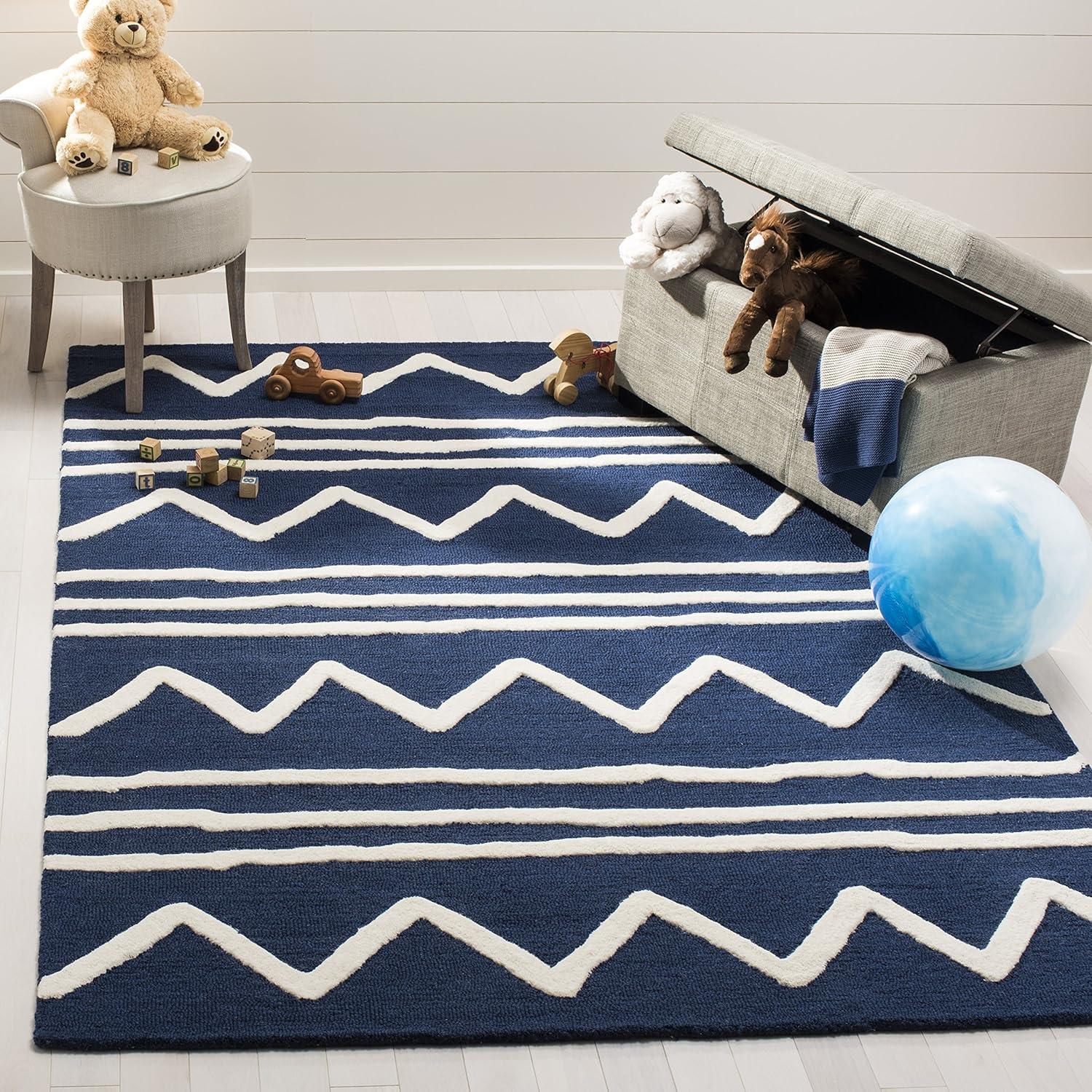 image:imageSAFAVIEH Kids Collection Area Rug 5 x 7 Navy amp Ivory Handmade Moroccan Wool Ideal for High Traffic Areas in Living Room Bedroom SFK907NNavyIvory