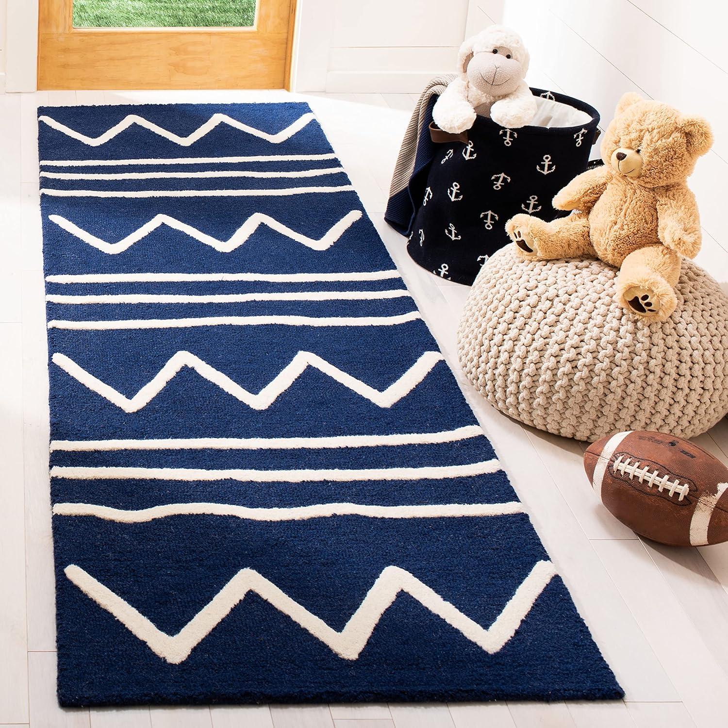 image:imageSAFAVIEH Kids Collection Area Rug 5 x 7 Navy amp Ivory Handmade Moroccan Wool Ideal for High Traffic Areas in Living Room Bedroom SFK907NNavyIvory