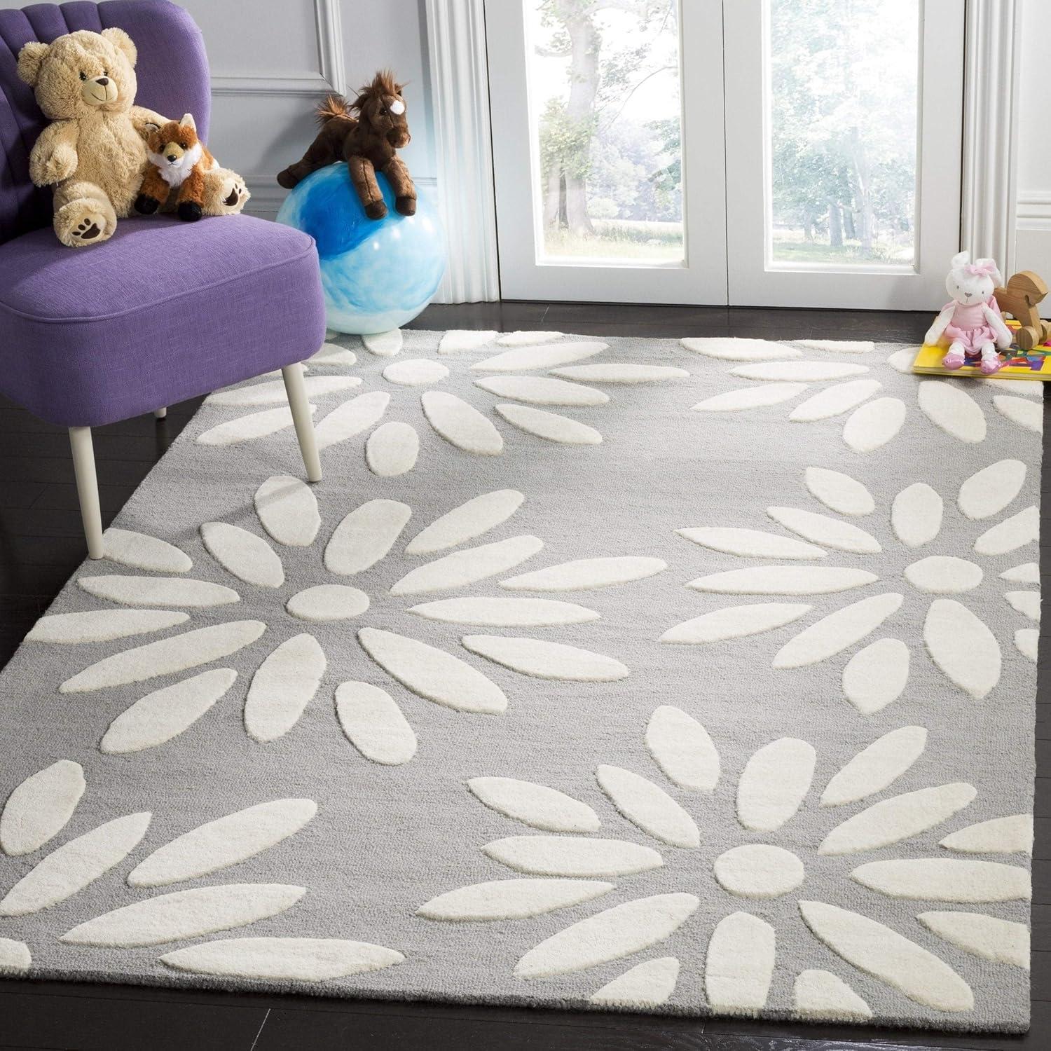 image:imageSAFAVIEH Kids Collection Area Rug 5 x 7 Pink amp Ivory Handmade Daisy Wool Ideal for High Traffic Areas in Living Room Bedroom SFK914PGreyIvory