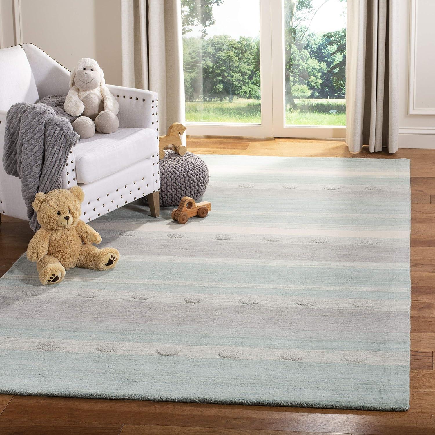 image:imageSAFAVIEH Kids Collection Area Rug 5 x 8 Aqua amp Ivory Handmade Stripe Wool Ideal for High Traffic Areas in Living Room Bedroom SFK801JAquaIvory