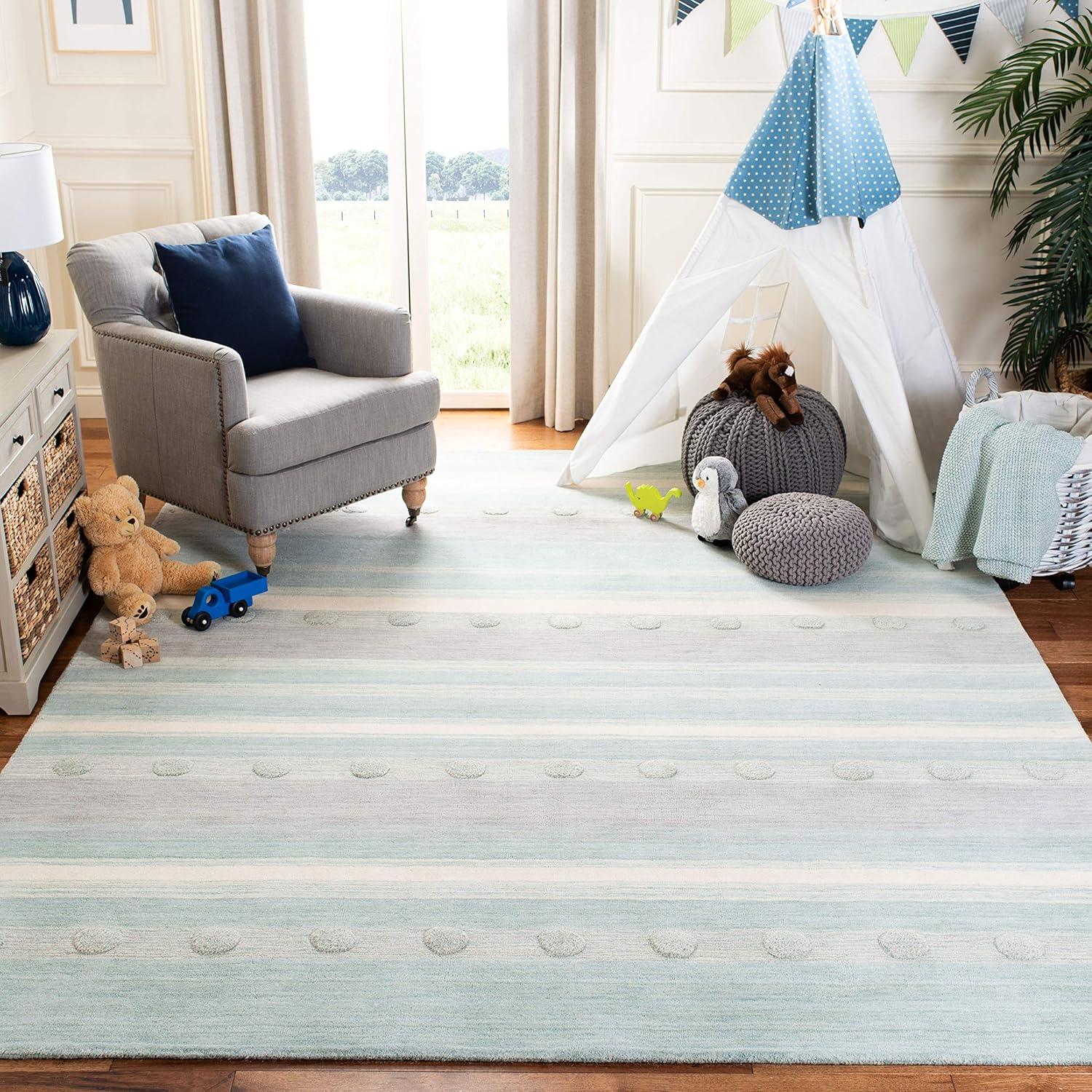 image:imageSAFAVIEH Kids Collection Area Rug 5 x 8 Aqua amp Ivory Handmade Stripe Wool Ideal for High Traffic Areas in Living Room Bedroom SFK801JAquaIvory