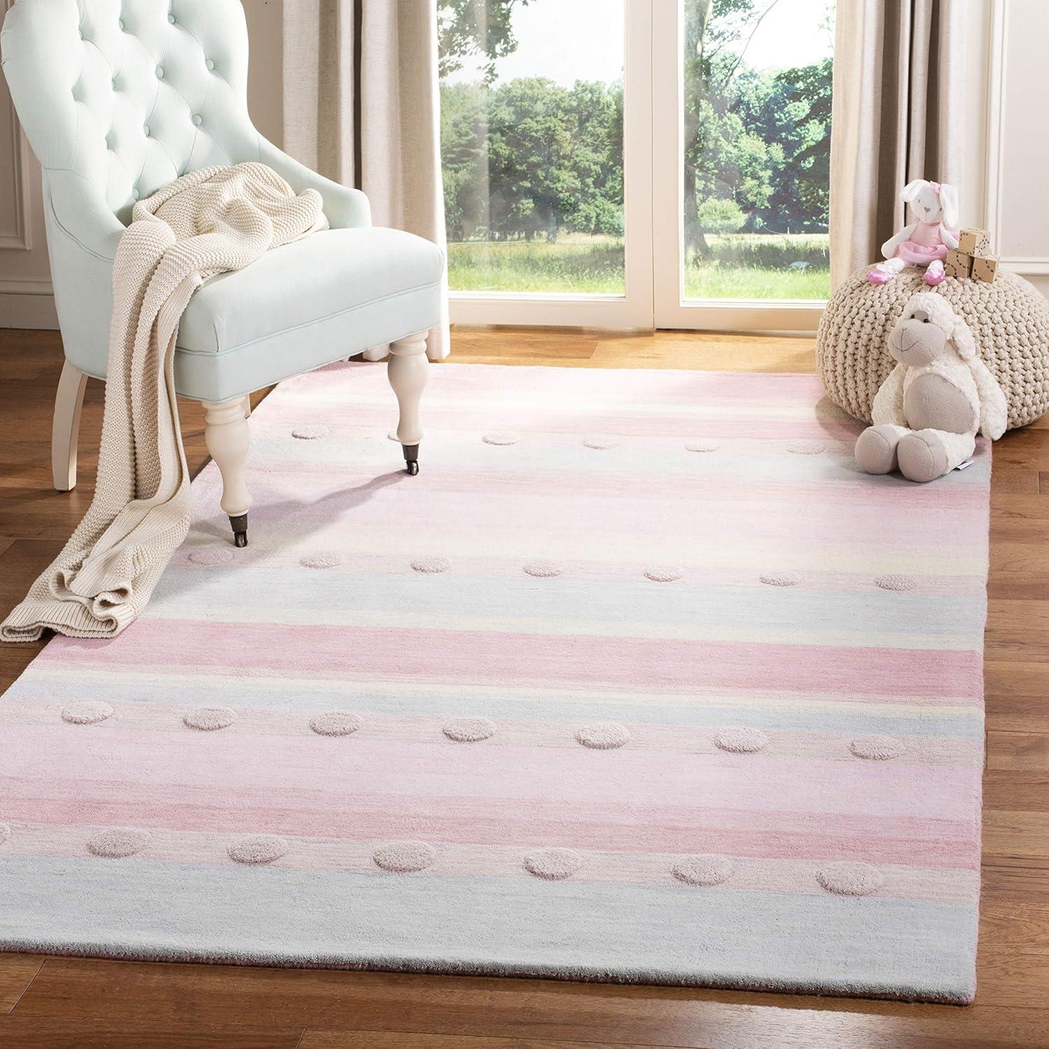 image:imageSAFAVIEH Kids Collection Area Rug 5 x 8 Aqua amp Ivory Handmade Stripe Wool Ideal for High Traffic Areas in Living Room Bedroom SFK801JLight BluePink