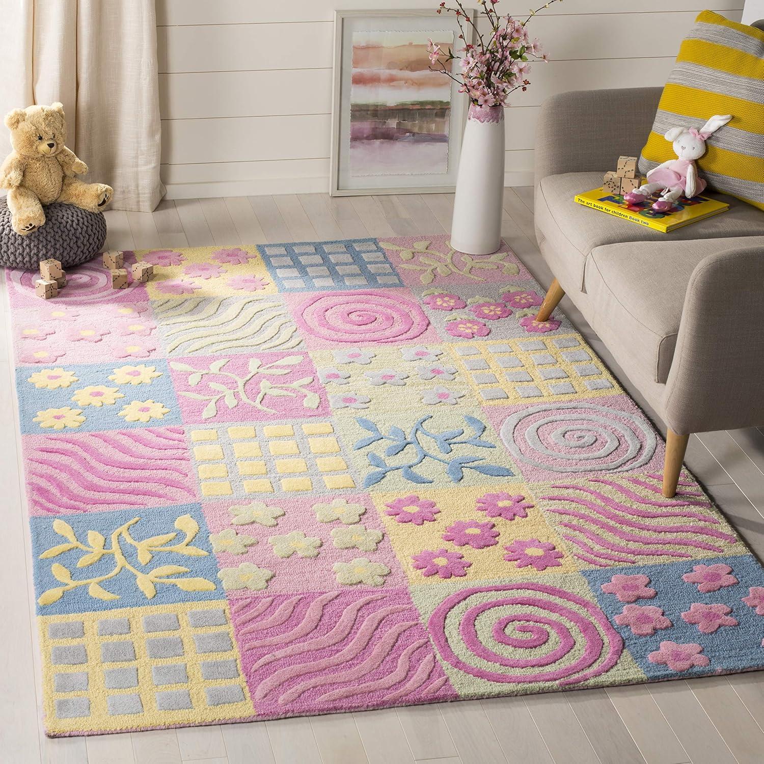 image:imageSAFAVIEH Kids Collection Area Rug 5 x 8 Pink amp Multi Handmade Floral Wool Ideal for High Traffic Areas in Living Room Bedroom SFK356APinkMulti
