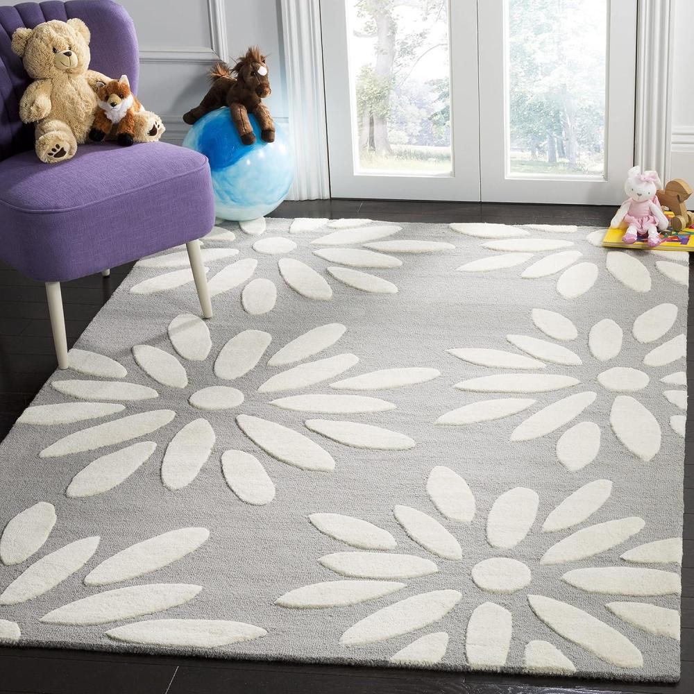 image:imageSAFAVIEH Kids Collection Area Rug 5 x 7 Pink amp Ivory Handmade Daisy Wool Ideal for High Traffic Areas in Living Room Bedroom SFK914PGreyIvory