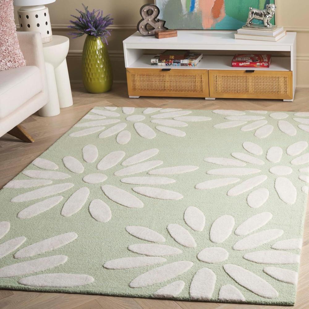 image:imageSAFAVIEH Kids Collection Area Rug  5 x 7 Pink amp Ivory Handmade Daisy Wool Ideal for High Traffic Areas in Living Room Bedroom SFK914PSageIvory