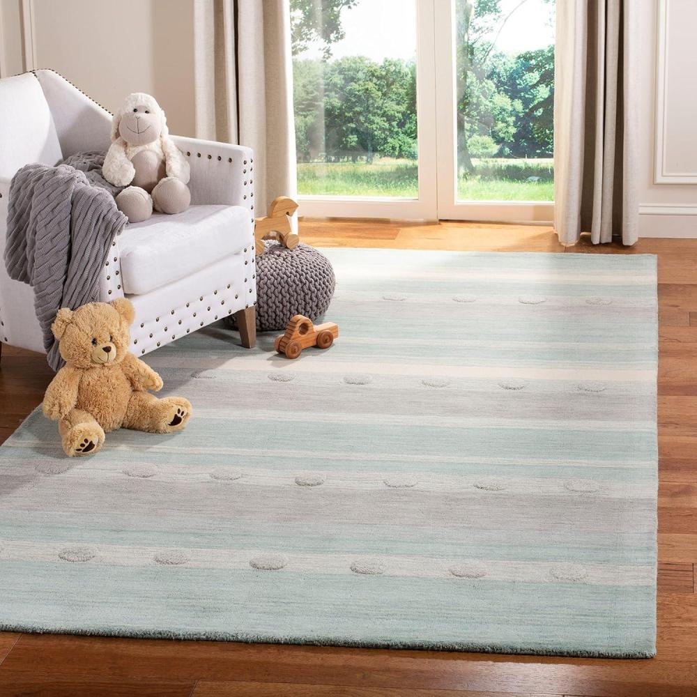 image:imageSAFAVIEH Kids Collection Area Rug 5 x 8 Aqua amp Ivory Handmade Stripe Wool Ideal for High Traffic Areas in Living Room Bedroom SFK801JAquaIvory