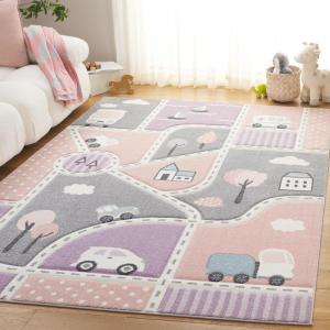 SAFAVIEH Carousel Kids Collection Area Rug – 6’7″ x 9′, Grey & Light Blue, Non-Shedding & Easy Care, Ideal for High Traffic Areas for Boys & Girls in Playroom, Nursery, Bedroom (CRK193F)(Grey/Pink)