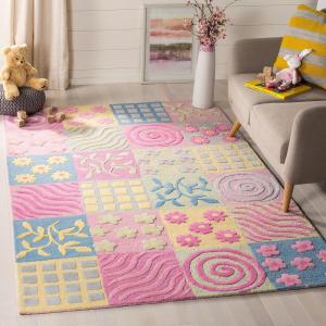 SAFAVIEH Kids Collection Area Rug – 5′ x 8′, Pink & Multi, Handmade Floral Wool, Ideal for High Traffic Areas in Living Room, Bedroom (SFK356A)(Pink/Multi)