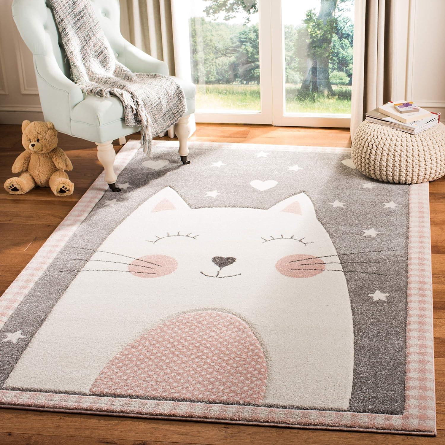 image:imageSAFAVIEH Carousel Kids Collection Accent Rug 4 x 6 Pink amp Grey Cat Design NonShedding amp Easy Care Ideal for High Traffic Areas for Boys amp Girls in Playroom Nursery Bedroom CRK134PPinkGrey