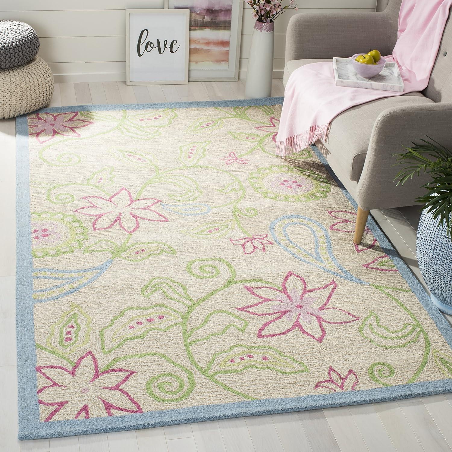 image:imageSAFAVIEH Kids Collection Accent Rug 3 x 5 Ivory amp Blue Handmade Floral Wool Ideal for High Traffic Areas in Entryway Living Room Bedroom SFK362AIvoryBlue