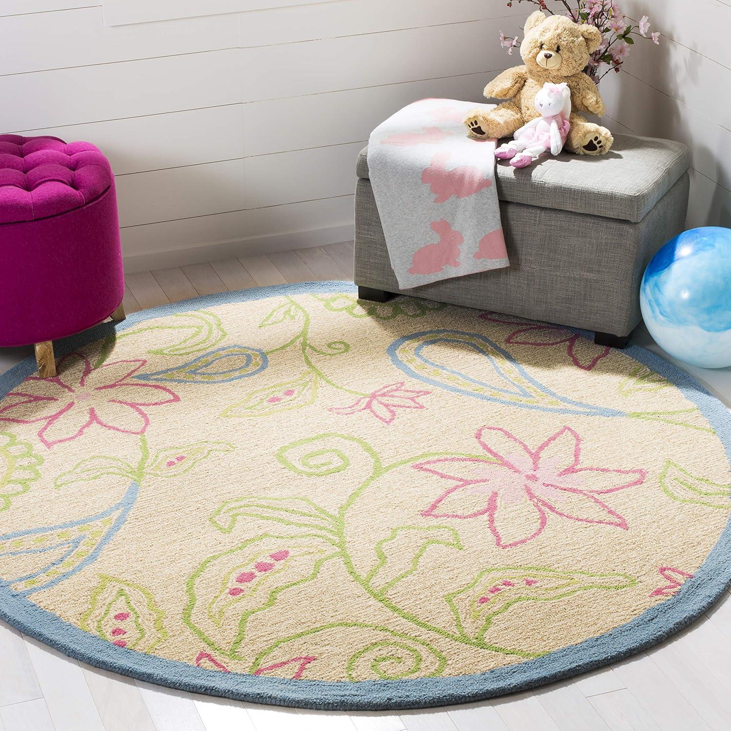 image:imageSAFAVIEH Kids Collection Accent Rug 3 x 5 Ivory amp Blue Handmade Floral Wool Ideal for High Traffic Areas in Entryway Living Room Bedroom SFK362AIvoryBlue