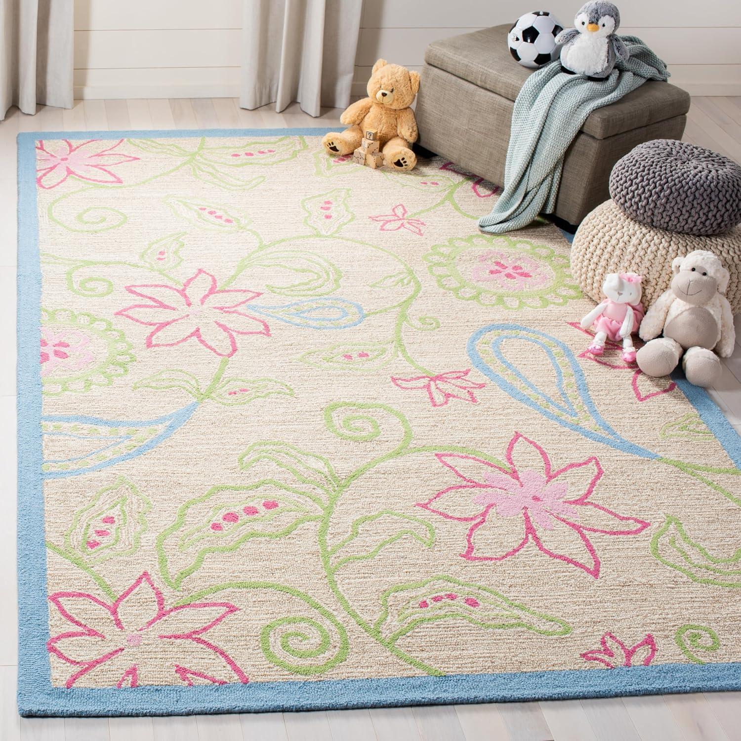 image:imageSAFAVIEH Kids Collection Accent Rug 3 x 5 Ivory amp Blue Handmade Floral Wool Ideal for High Traffic Areas in Entryway Living Room Bedroom SFK362AIvoryBlue