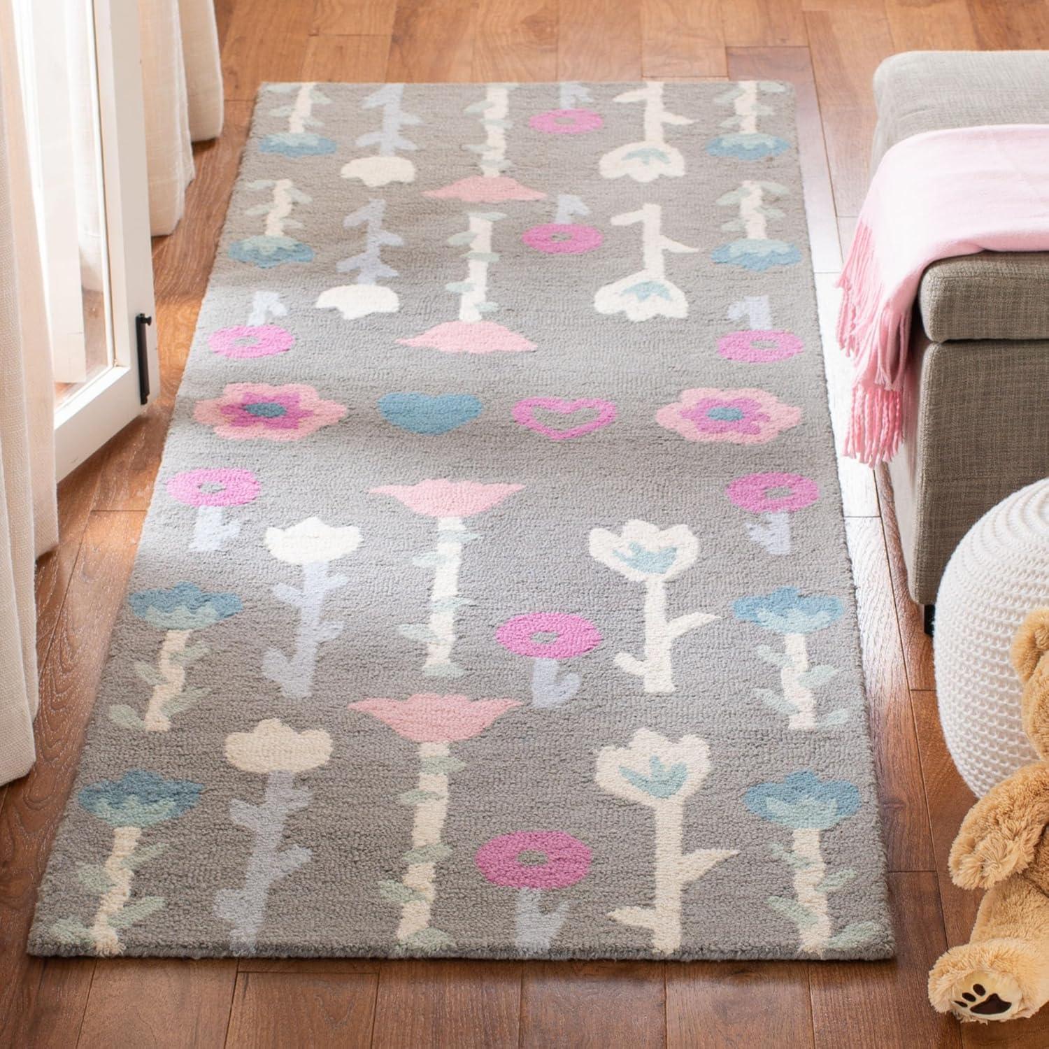 image:imageSAFAVIEH Kids Collection Area Rug 5 x 8 Ivory amp Pink Handmade Floral Wool Ideal for High Traffic Areas in Living Room Bedroom SFK918AGreyPink