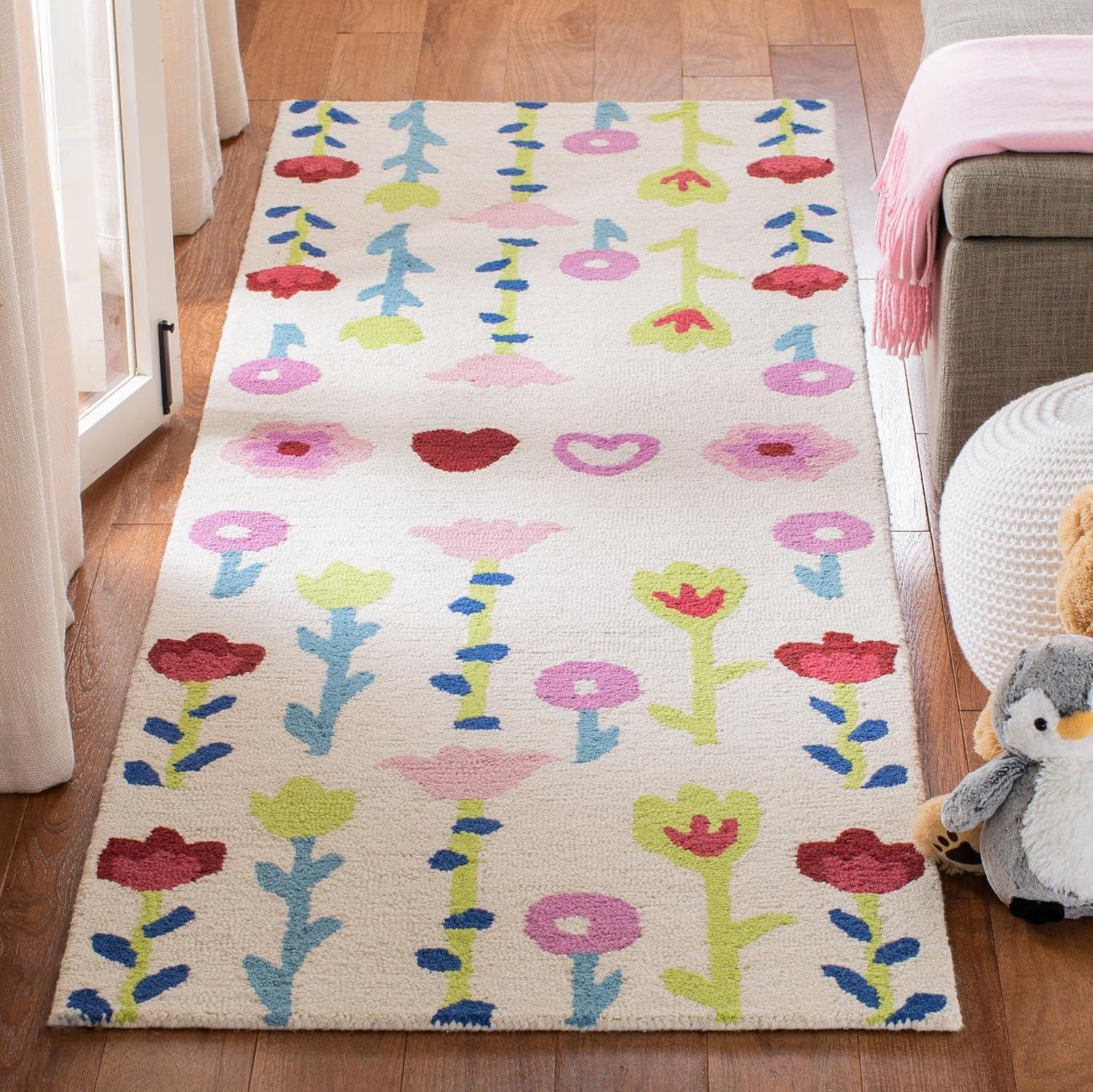 image:imageSAFAVIEH Kids Collection Area Rug 5 x 8 Ivory amp Pink Handmade Floral Wool Ideal for High Traffic Areas in Living Room Bedroom SFK918AIvoryPink