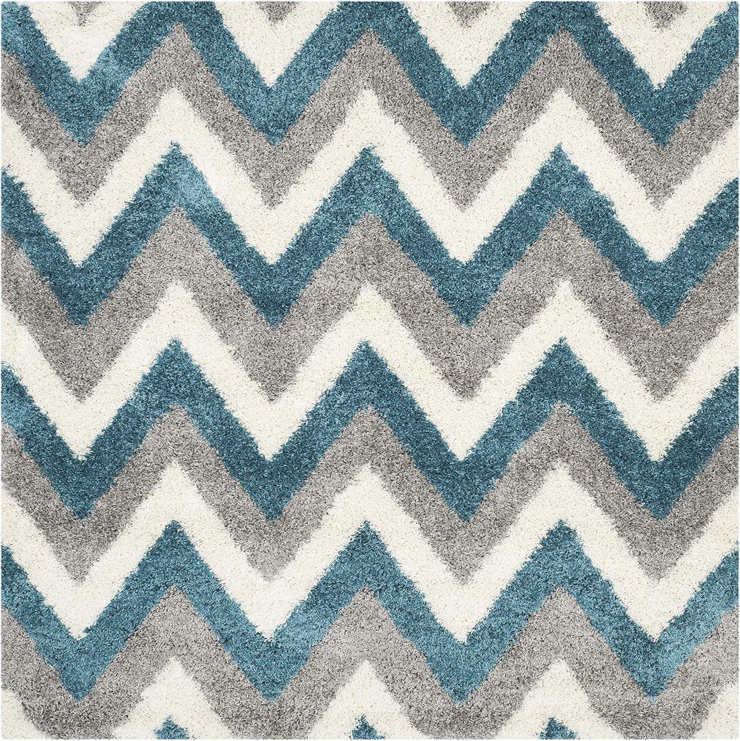 image:imageSAFAVIEH Kids Shag Collection Accent Rug 4 x 6 Ivory amp Blue Chevron Design NonShedding amp Easy Care 2inch Thick Ideal for High Traffic Areas in Entryway Living Room Bedroom SGK568CIvoryBlue
