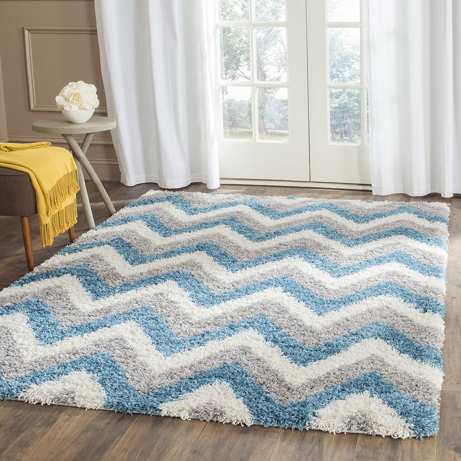 image:imageSAFAVIEH Kids Shag Collection Accent Rug 4 x 6 Ivory amp Blue Chevron Design NonShedding amp Easy Care 2inch Thick Ideal for High Traffic Areas in Entryway Living Room Bedroom SGK568CIvoryBlue