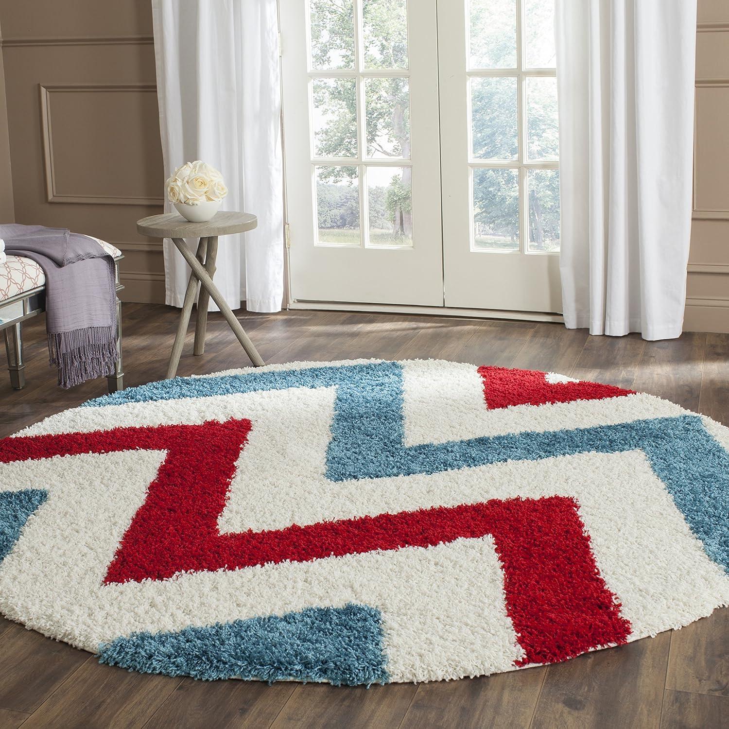 image:imageSAFAVIEH Kids Shag Collection Area Rug 67 Square Ivory amp Red Chevron Design NonShedding amp Easy Care 2inch Thick Ideal for High Traffic Areas in Living Room Bedroom SGK564BIvoryRed