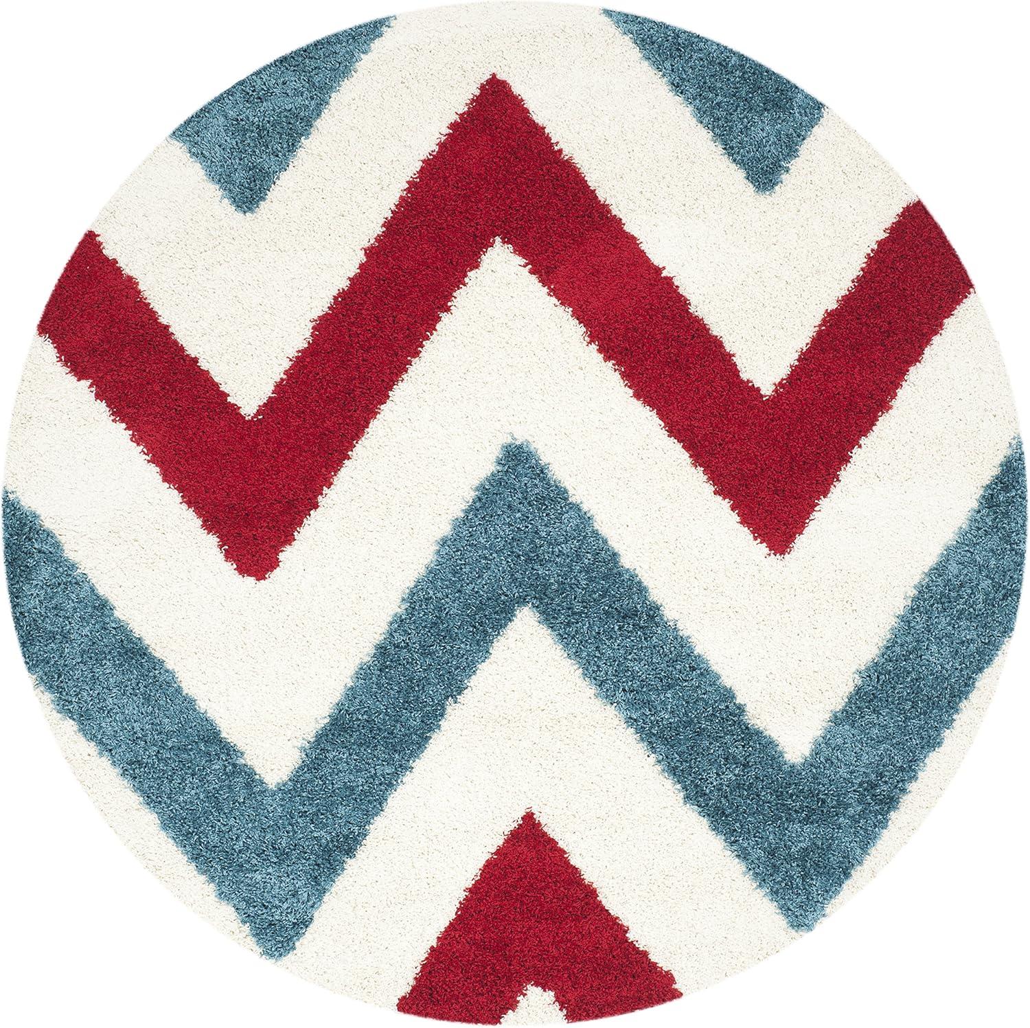 image:imageSAFAVIEH Kids Shag Collection Area Rug 67 Square Ivory amp Red Chevron Design NonShedding amp Easy Care 2inch Thick Ideal for High Traffic Areas in Living Room Bedroom SGK564BIvoryRed