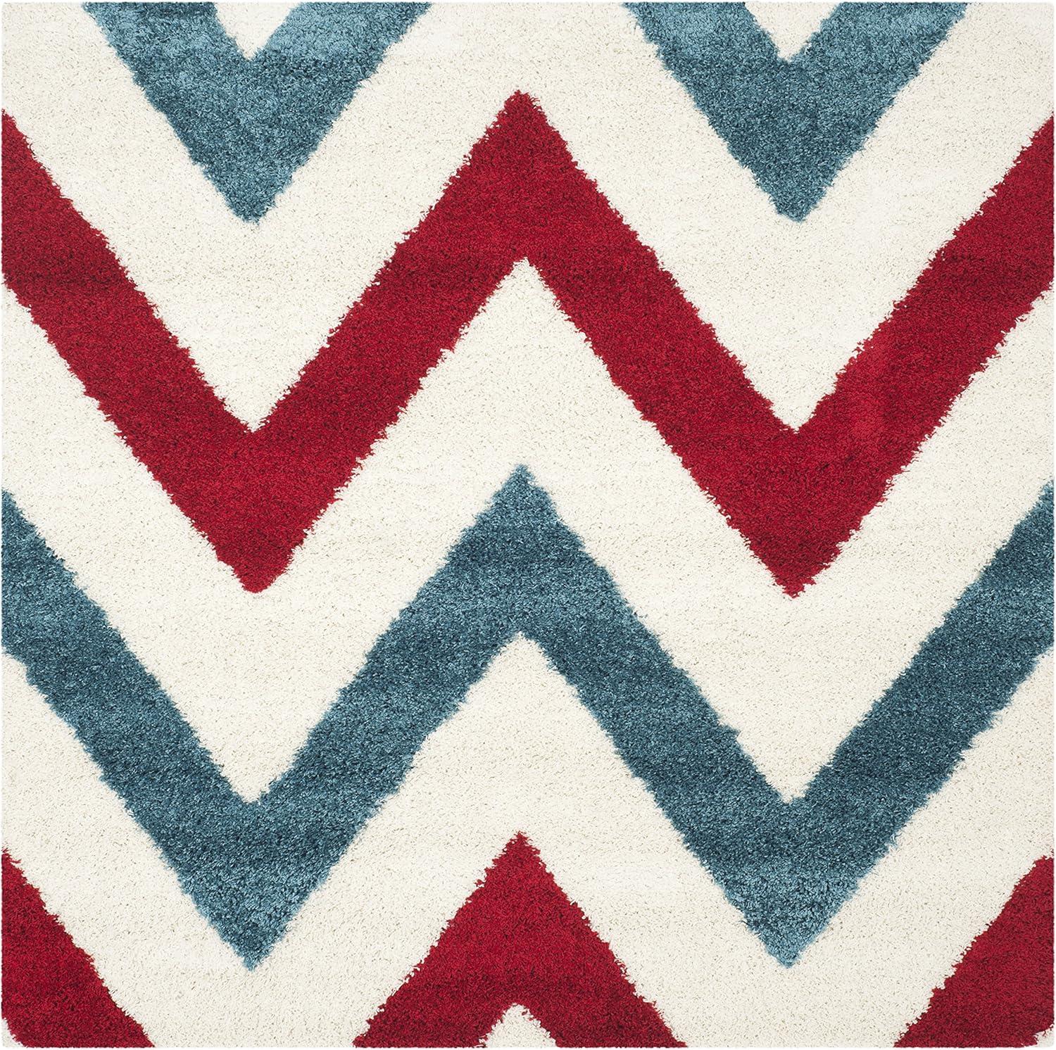 image:imageSAFAVIEH Kids Shag Collection Area Rug 67 Square Ivory amp Red Chevron Design NonShedding amp Easy Care 2inch Thick Ideal for High Traffic Areas in Living Room Bedroom SGK564BIvoryRed