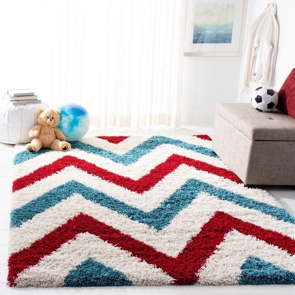 image:imageSAFAVIEH Kids Shag Collection Area Rug 67 Square Ivory amp Red Chevron Design NonShedding amp Easy Care 2inch Thick Ideal for High Traffic Areas in Living Room Bedroom SGK564BIvoryRed