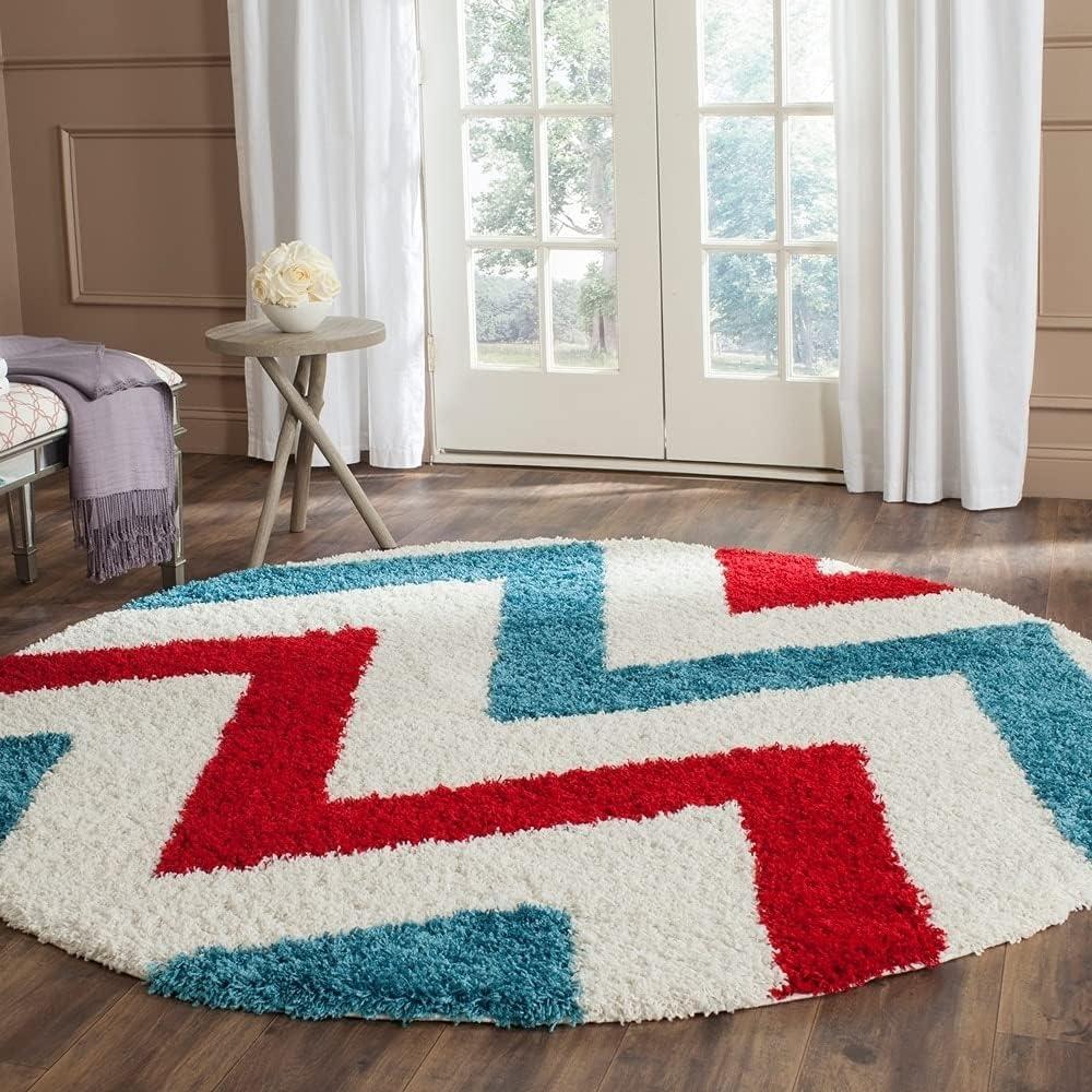 image:imageSAFAVIEH Kids Shag Collection Area Rug 67 Square Ivory amp Red Chevron Design NonShedding amp Easy Care 2inch Thick Ideal for High Traffic Areas in Living Room Bedroom SGK564BIvoryRed