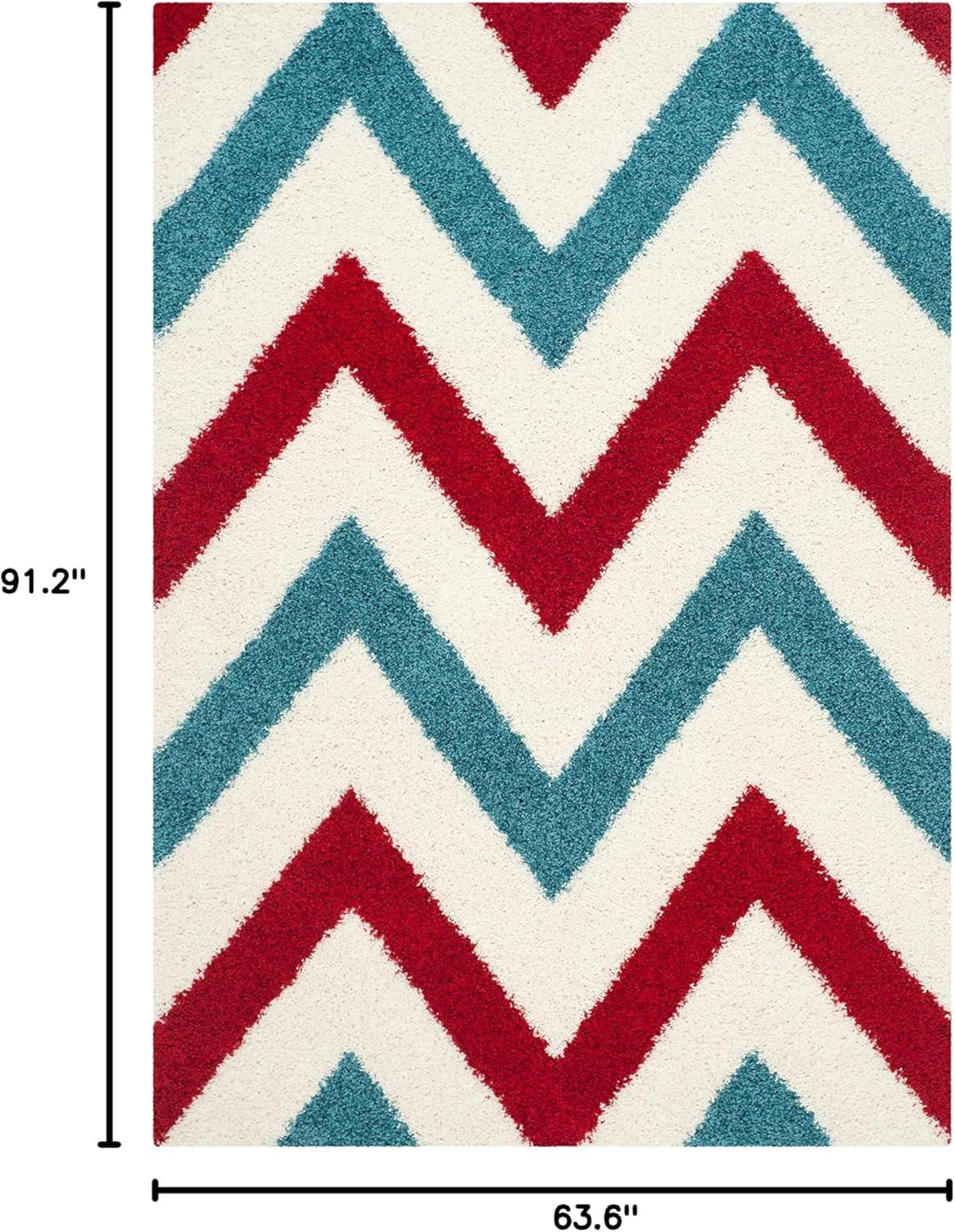 image:imageSAFAVIEH Kids Shag Collection Area Rug 67 Square Ivory amp Red Chevron Design NonShedding amp Easy Care 2inch Thick Ideal for High Traffic Areas in Living Room Bedroom SGK564BIvoryRed