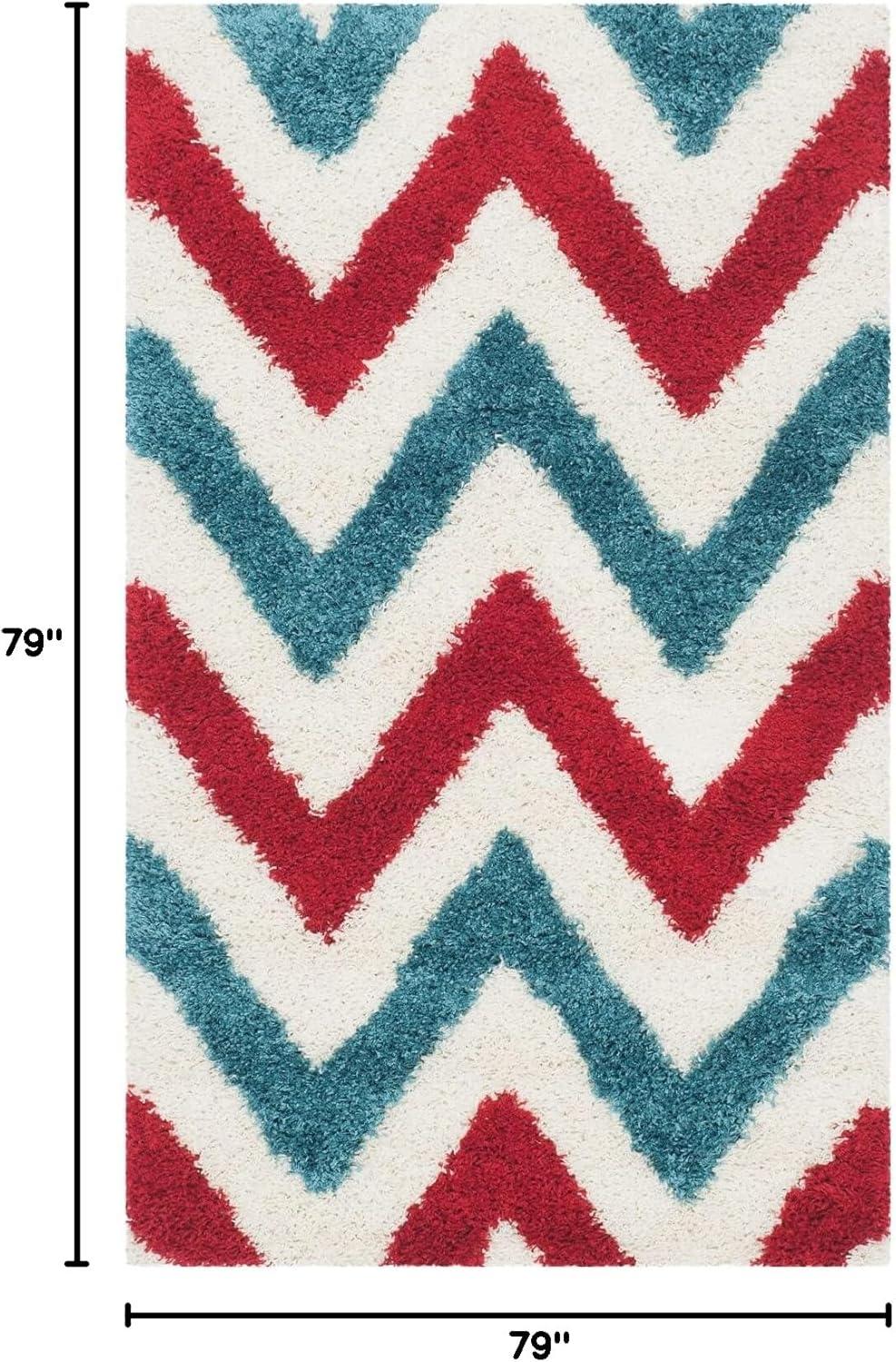 image:imageSAFAVIEH Kids Shag Collection Area Rug 67 Square Ivory amp Red Chevron Design NonShedding amp Easy Care 2inch Thick Ideal for High Traffic Areas in Living Room Bedroom SGK564BIvoryRed