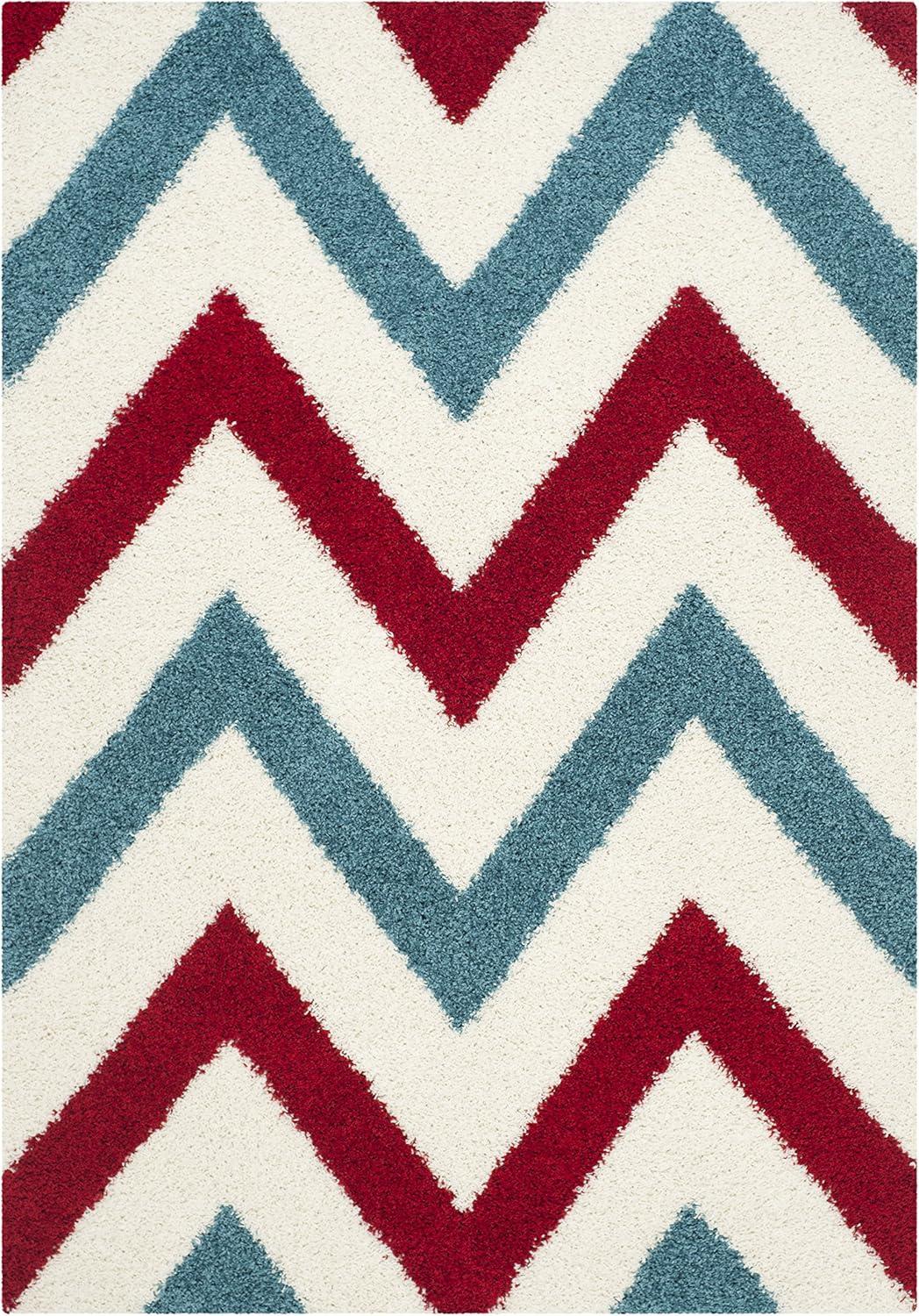 image:imageSAFAVIEH Kids Shag Collection Area Rug 67 Square Ivory amp Red Chevron Design NonShedding amp Easy Care 2inch Thick Ideal for High Traffic Areas in Living Room Bedroom SGK564BIvoryRed