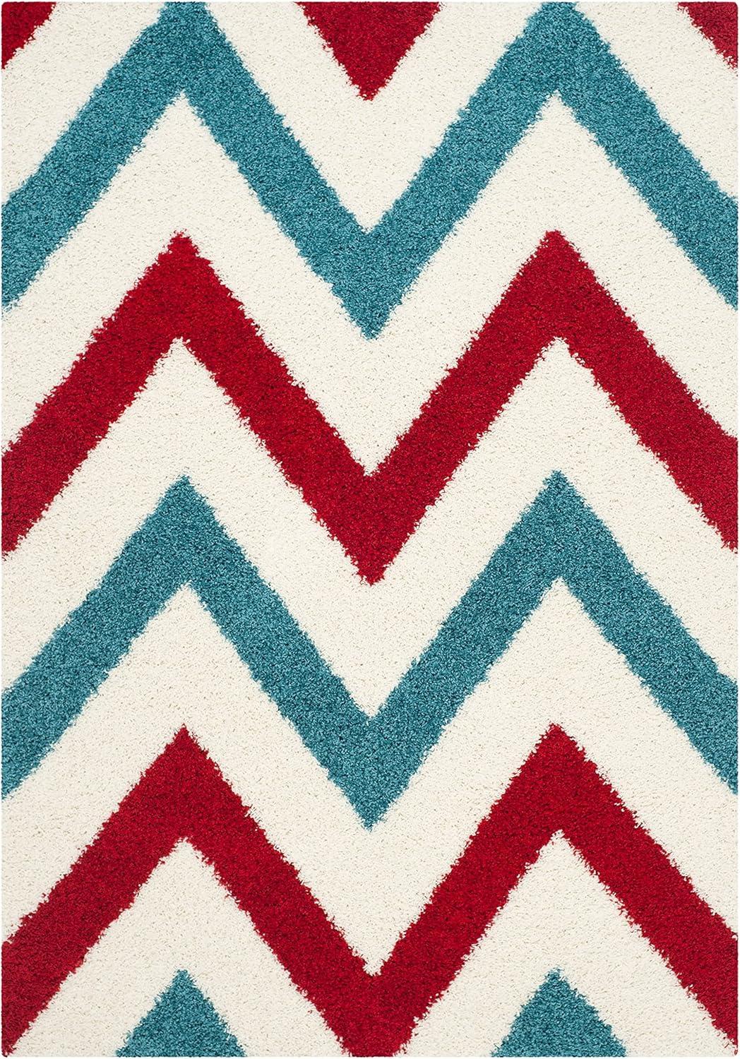 image:imageSAFAVIEH Kids Shag Collection Area Rug 67 Square Ivory amp Red Chevron Design NonShedding amp Easy Care 2inch Thick Ideal for High Traffic Areas in Living Room Bedroom SGK564BIvoryRed