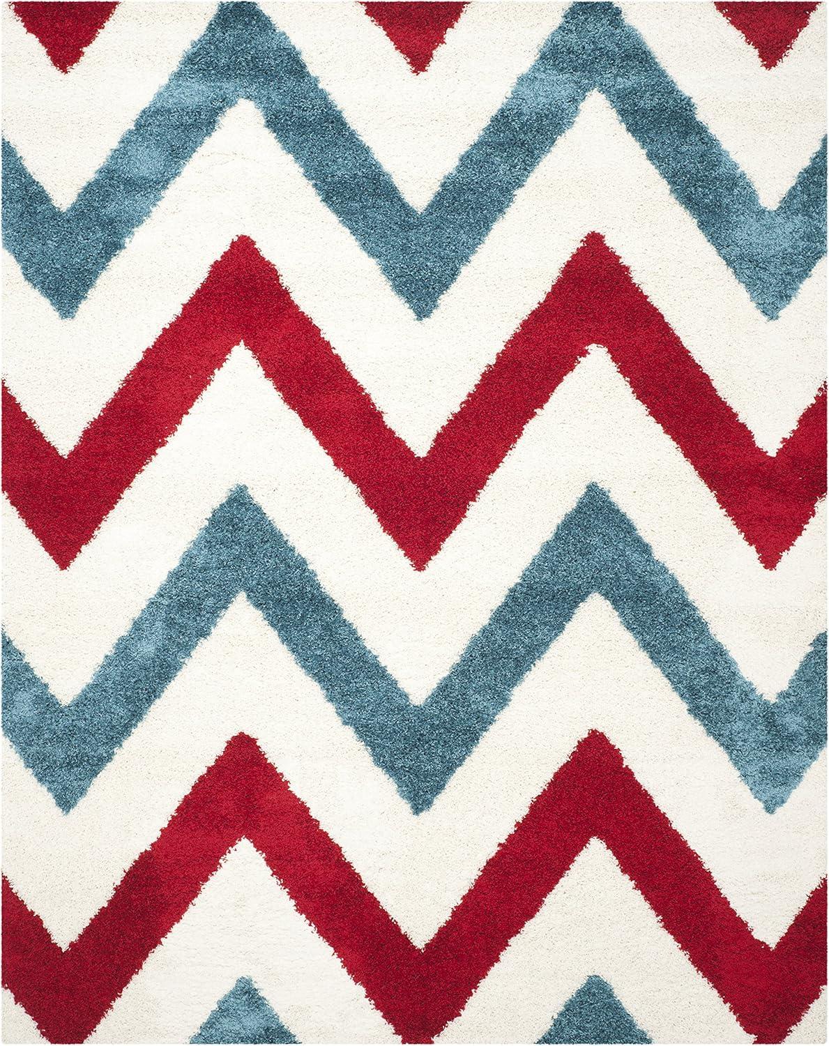 image:imageSAFAVIEH Kids Shag Collection Area Rug 67 Square Ivory amp Red Chevron Design NonShedding amp Easy Care 2inch Thick Ideal for High Traffic Areas in Living Room Bedroom SGK564BIvoryRed