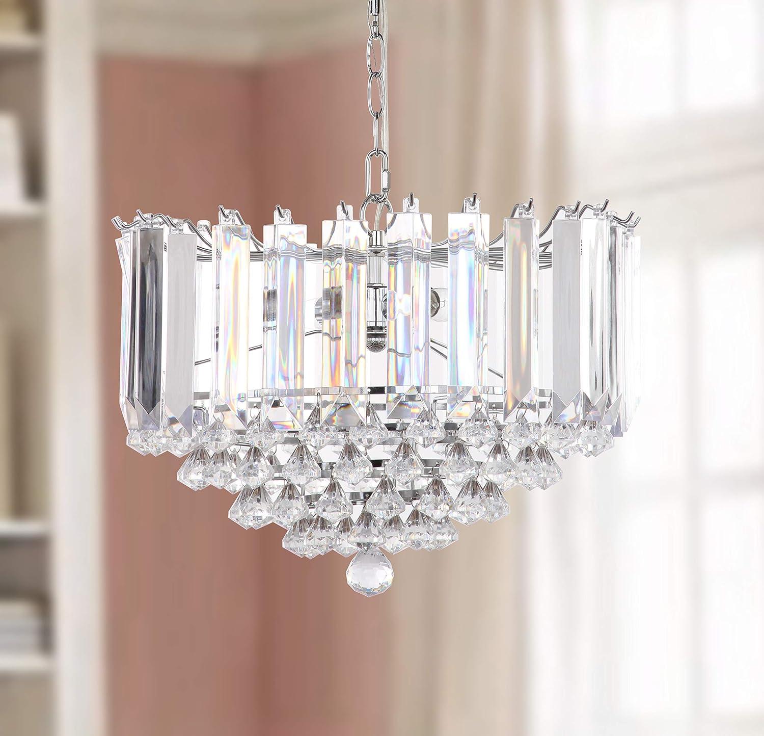 image:imageSAFAVIEH Lighting Collection Hampton Art Deco Glam Chrome Clear Crystal 17inch Diameter 2light Adjustable Hanging Chandelier Pendant Light Fixture LED Bulbs Included