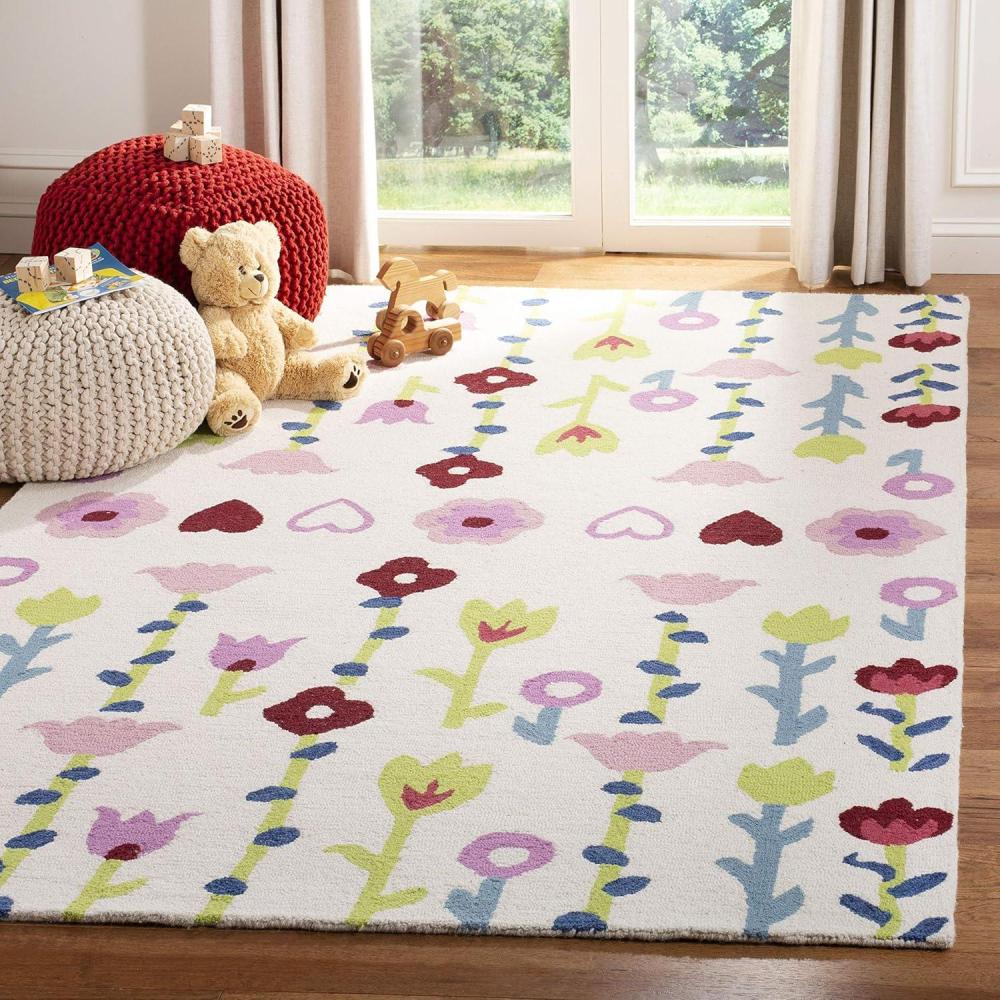image:imageSAFAVIEH Kids Collection Area Rug 5 x 8 Ivory amp Pink Handmade Floral Wool Ideal for High Traffic Areas in Living Room Bedroom SFK918AIvoryPink