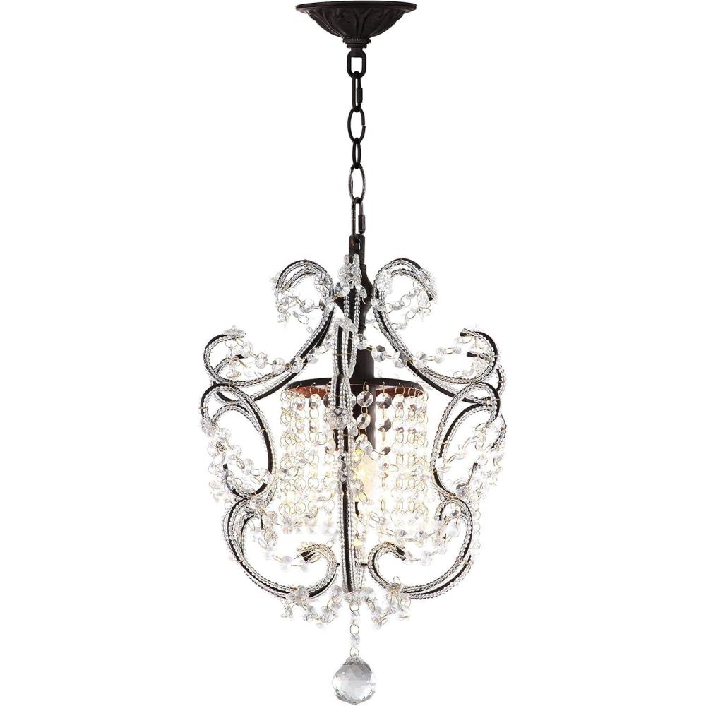 image:imageSAFAVIEH Lighting Collection Luna Shabby Chic Farmhouse Brown Iron Crystal 12inch Diameter 1light Adjustable Hanging Chandelier Light Fixture LED Bulbs Included