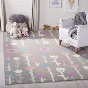 SAFAVIEH Kids Collection Area Rug – 5′ x 8′, Ivory & Pink, Handmade Floral Wool, Ideal for High Traffic Areas in Living Room, Bedroom (SFK918A)(Grey/Pink)