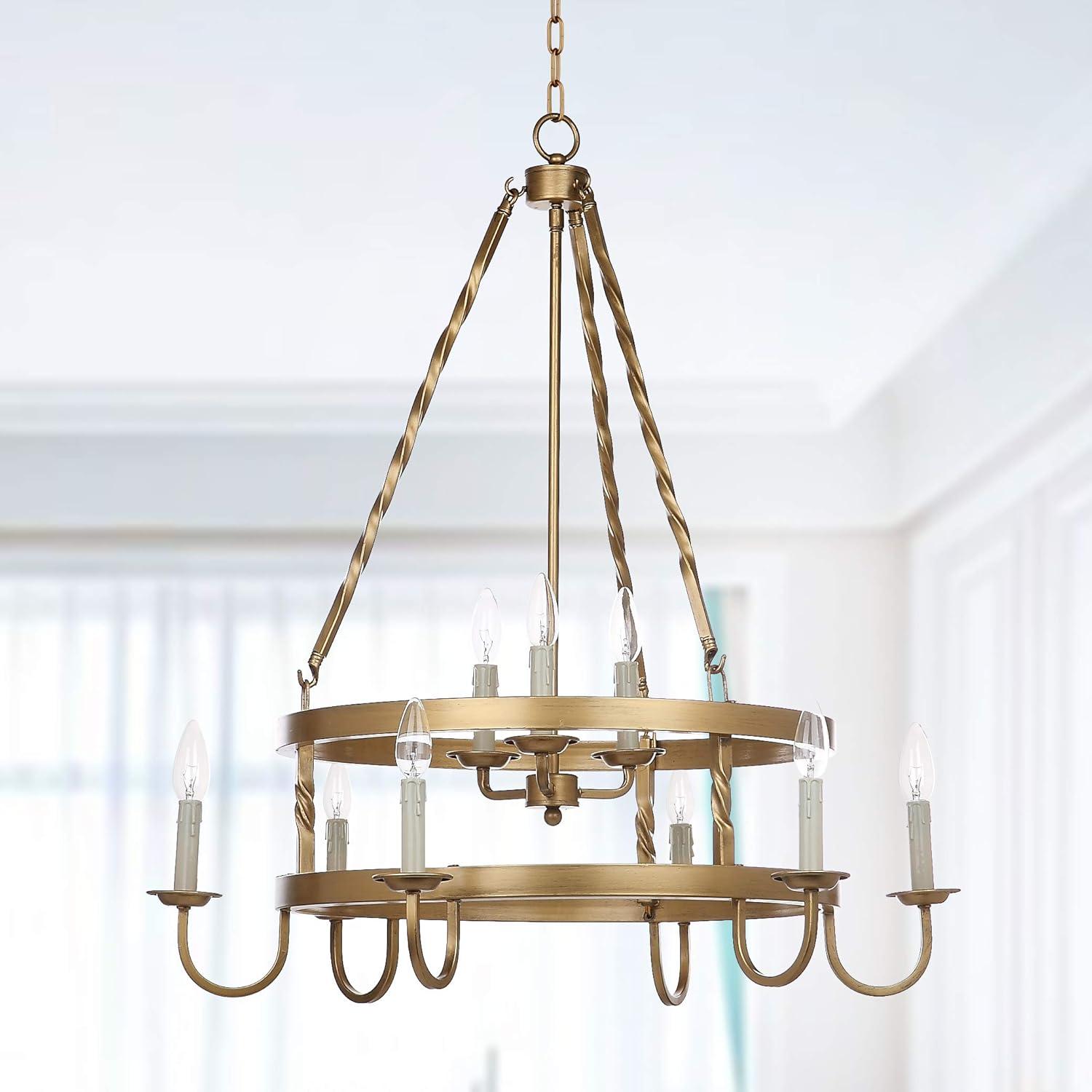 image:imageSAFAVIEH Lighting Collection Crowley Farmhouse Rustic Gold Metal 31inch Diameter 9light Adjustable Hanging Chandelier Light Fixture LED Bulbs Included