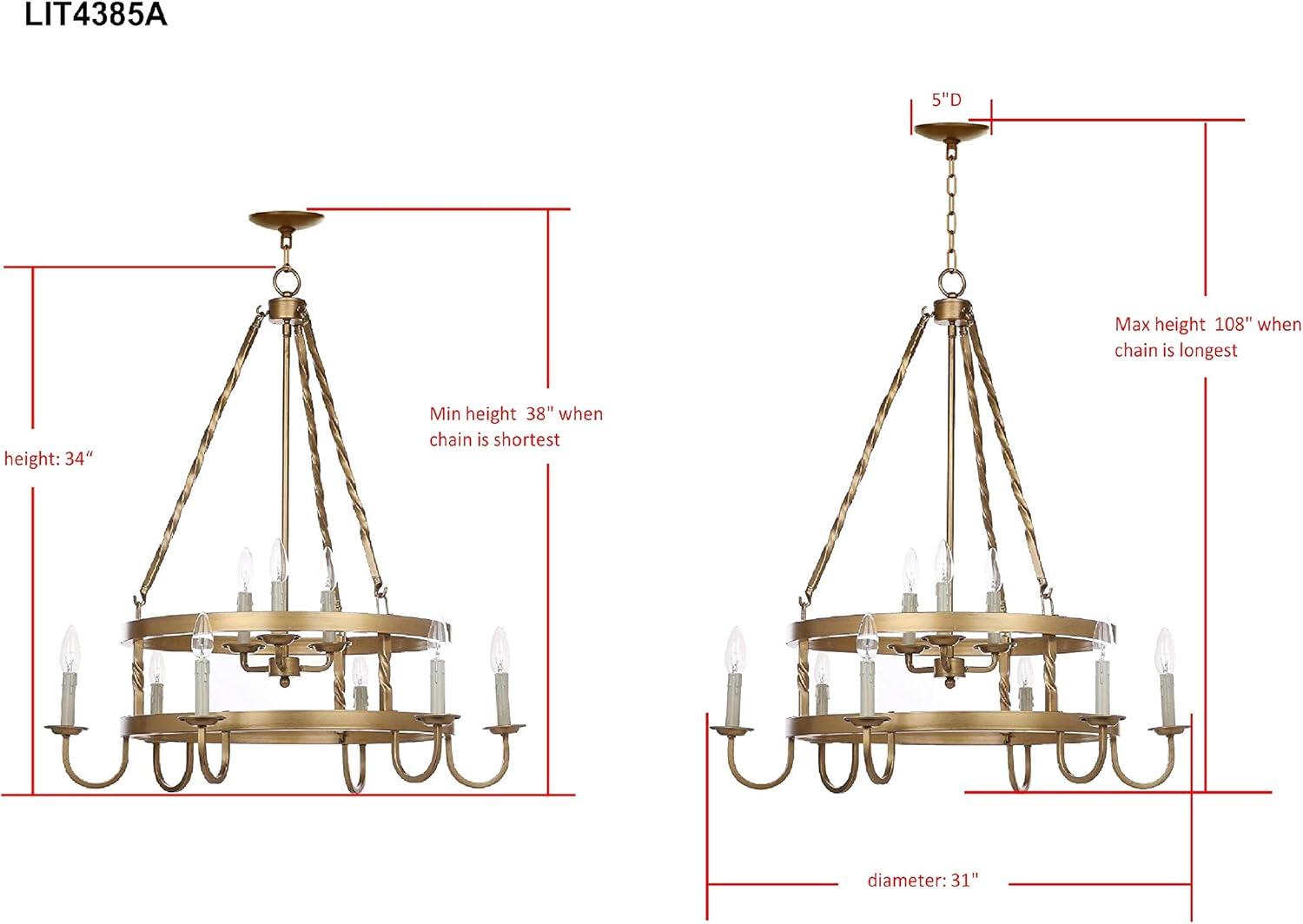 image:imageSAFAVIEH Lighting Collection Crowley Farmhouse Rustic Gold Metal 31inch Diameter 9light Adjustable Hanging Chandelier Light Fixture LED Bulbs Included