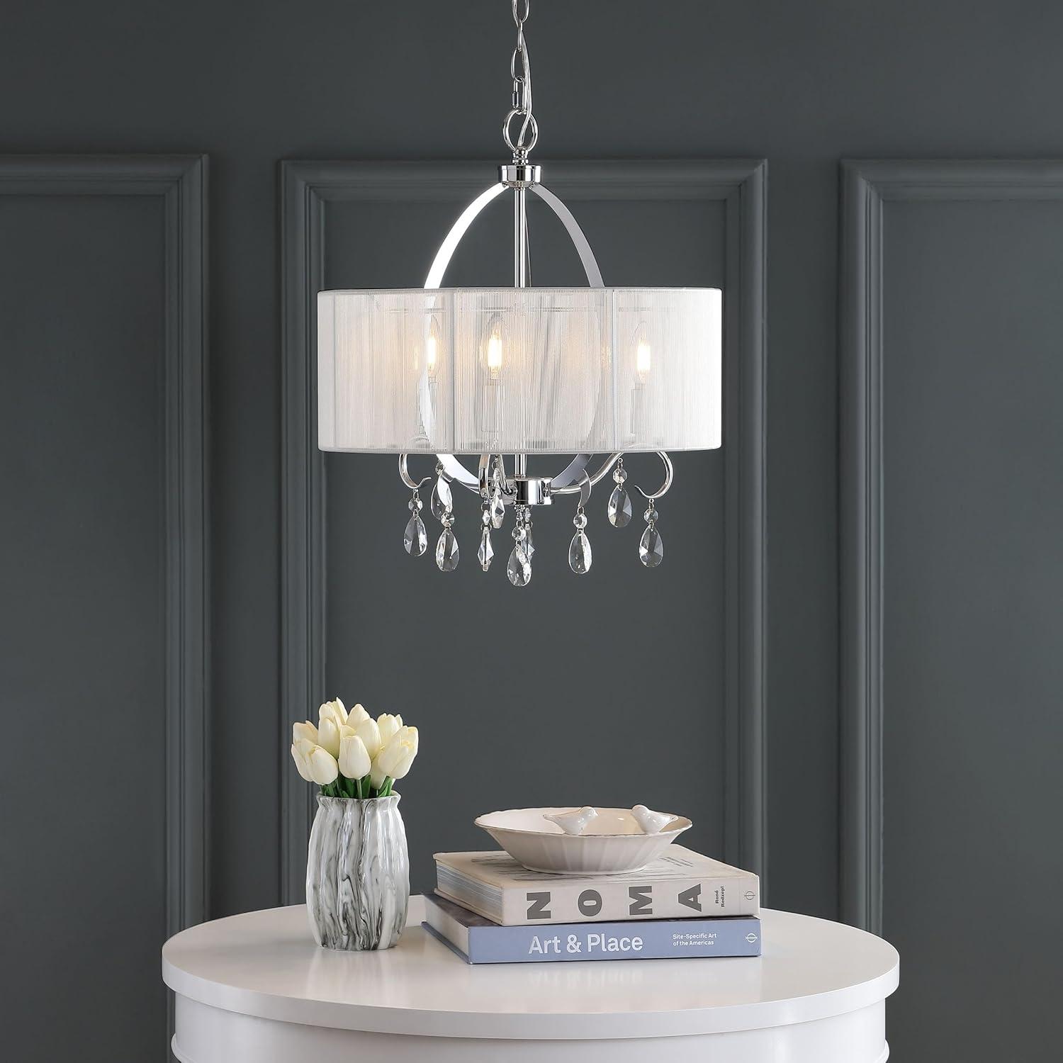 image:imageSAFAVIEH Lighting Collection New Vienna Modern Shabby Chic Farmhouse Glam White Shade Chrome 18inch Diameter 3light Adjustable Hanging Chandelier Light Fixture LED Bulbs IncludedWhite Chrome
