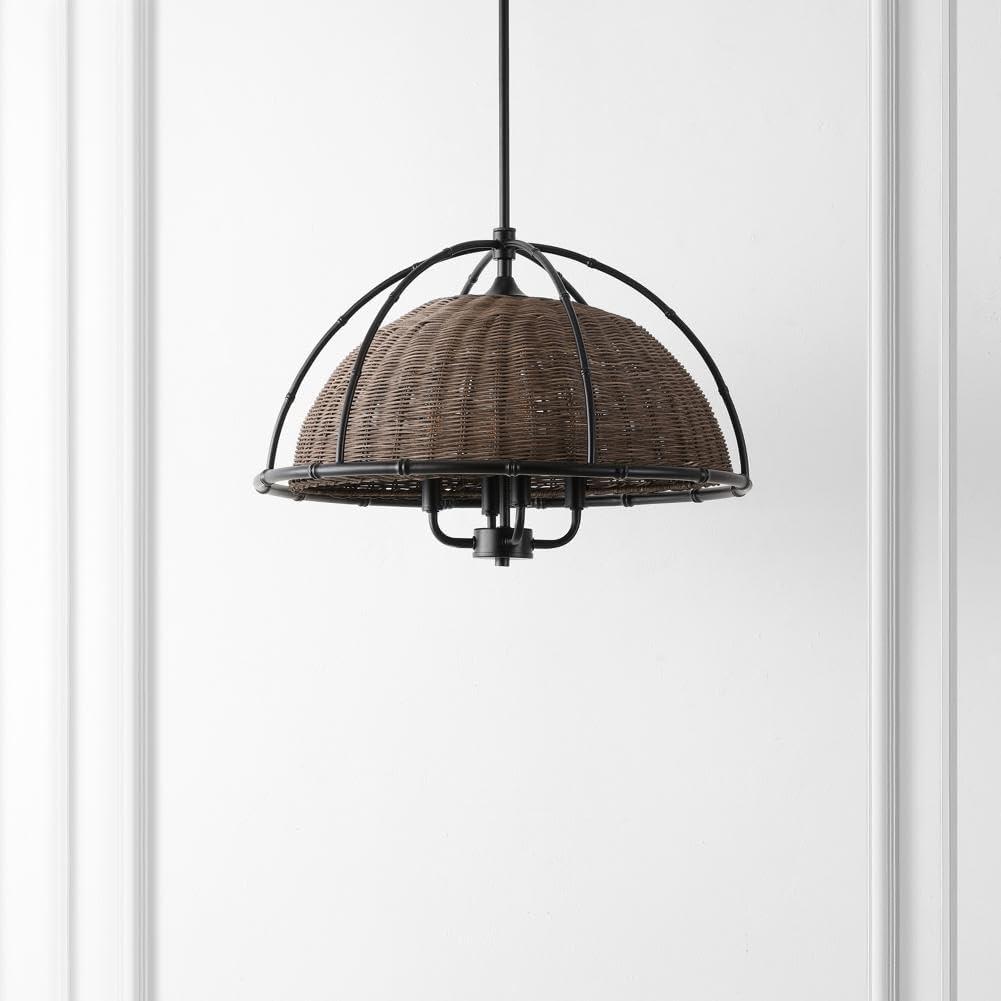 image:imageSAFAVIEH Lighting Collection Paulina Rattan NaturalBlack 4Light Adjustable Pendant Chandelier Hanging Light Fixture Ideal for Dining Room Kitchen Island Foyer Entryway LED Bulbs Included