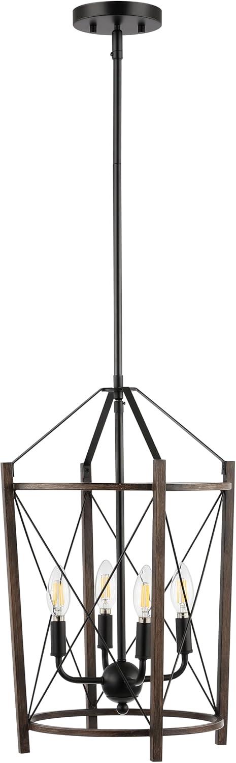 image:imageSAFAVIEH Lighting Collection Peltier Farmhouse WalnutBlack 4Light Lantern Adjustable Pendant Chandelier Hanging Light Fixture Ideal for Dining Room Kitchen Island Foyer LED Bulbs Included