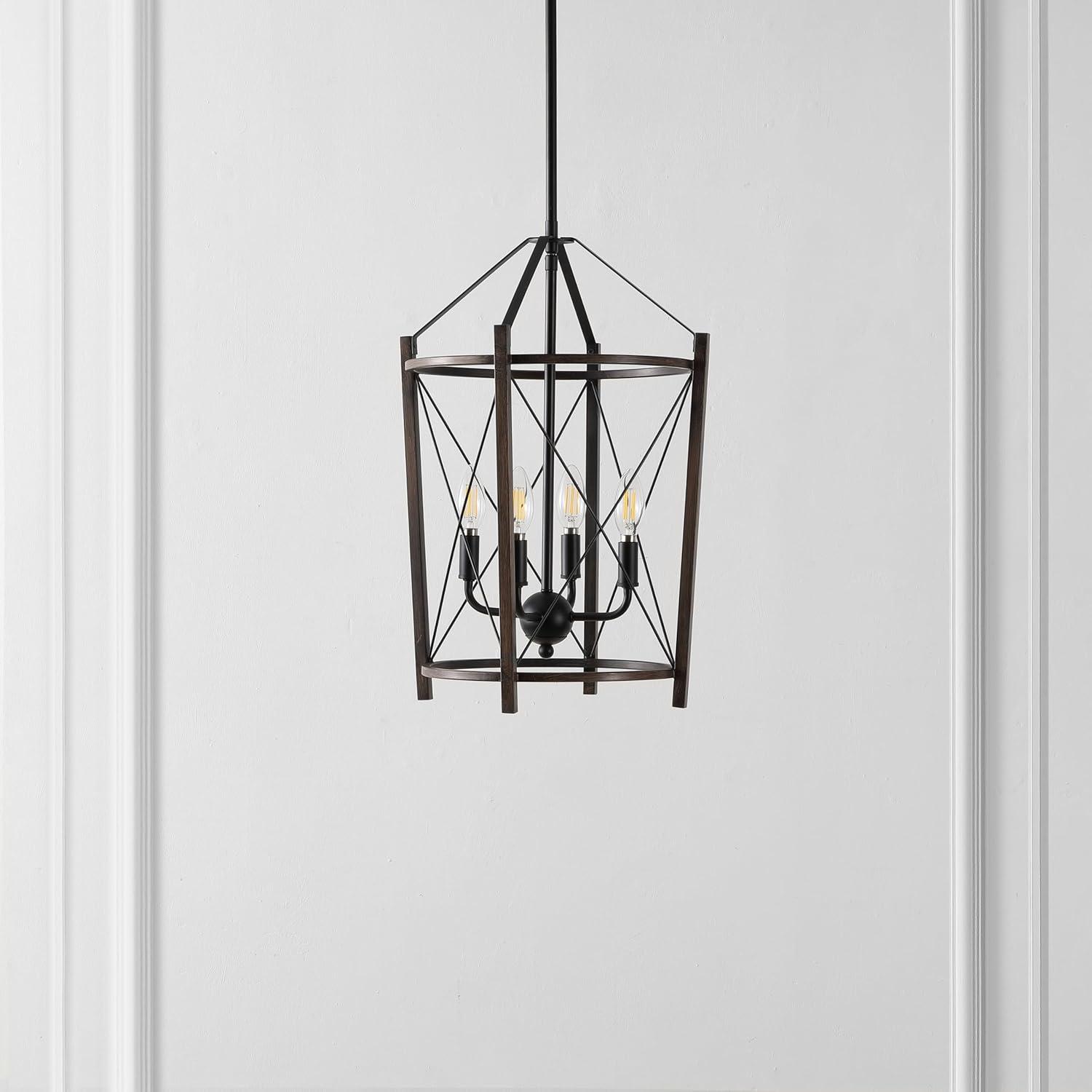 image:imageSAFAVIEH Lighting Collection Peltier Farmhouse WalnutBlack 4Light Lantern Adjustable Pendant Chandelier Hanging Light Fixture Ideal for Dining Room Kitchen Island Foyer LED Bulbs Included
