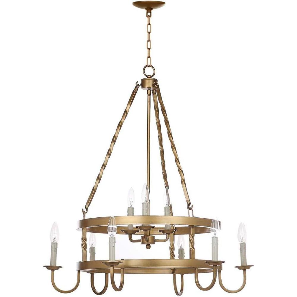 image:imageSAFAVIEH Lighting Collection Crowley Farmhouse Rustic Gold Metal 31inch Diameter 9light Adjustable Hanging Chandelier Light Fixture LED Bulbs Included
