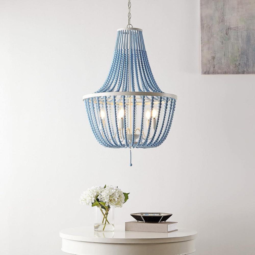 image:imageSAFAVIEH Lighting Collection Elanie Boho Coastal Cream Beaded 5Light 22inch Pendant ChandelierBlue