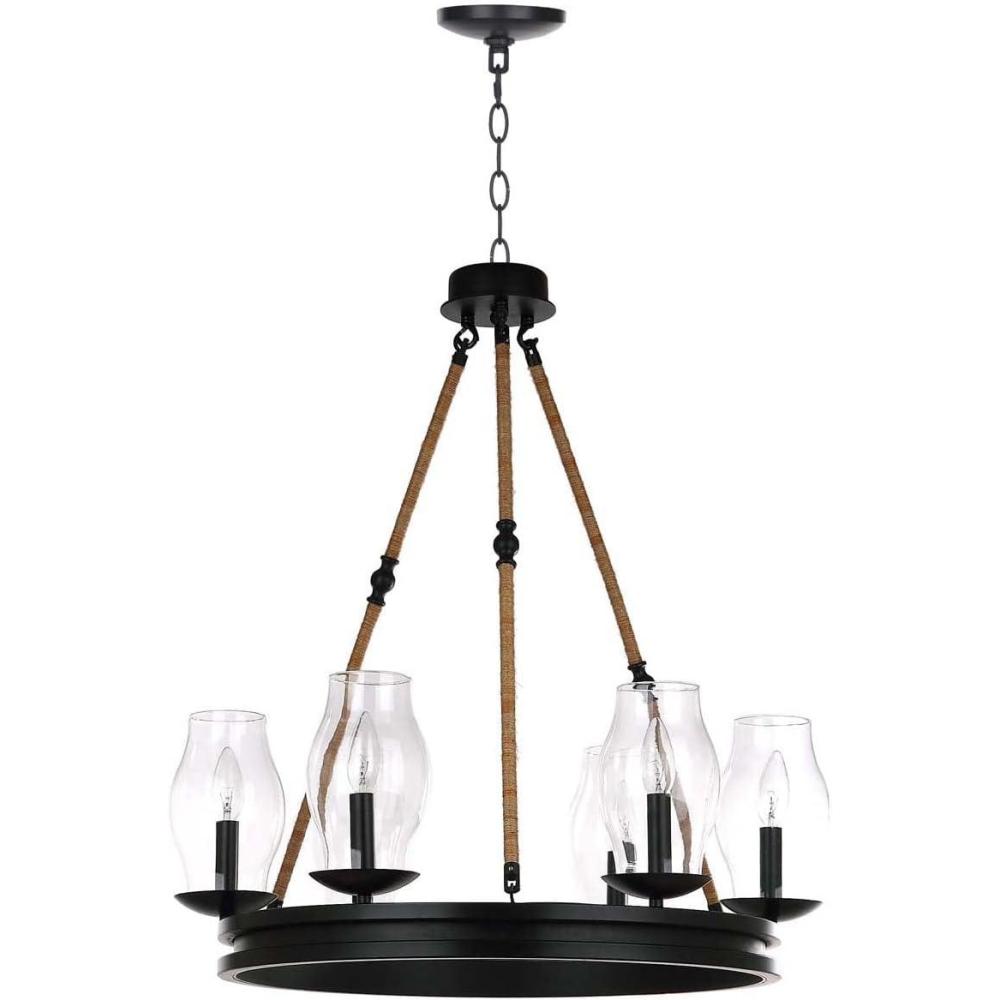 image:imageSAFAVIEH Lighting Collection Fritz Farmhouse Rustic Industrial Coastal Boho Black Brown 25inch Diameter 6light Adjustable Hanging Wagon Wheel Chandelier Light Fixture LED Bulbs Included