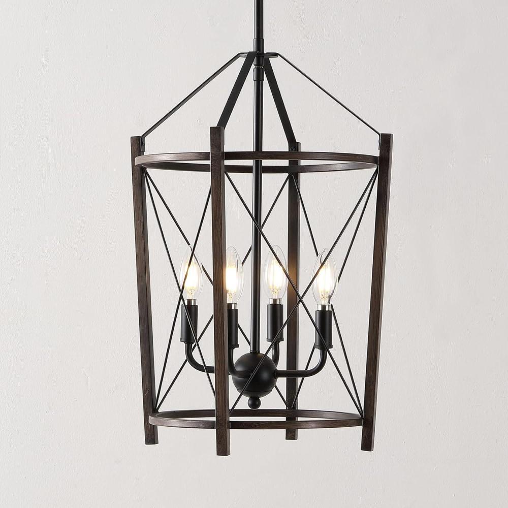 image:imageSAFAVIEH Lighting Collection Peltier Farmhouse WalnutBlack 4Light Lantern Adjustable Pendant Chandelier Hanging Light Fixture Ideal for Dining Room Kitchen Island Foyer LED Bulbs Included