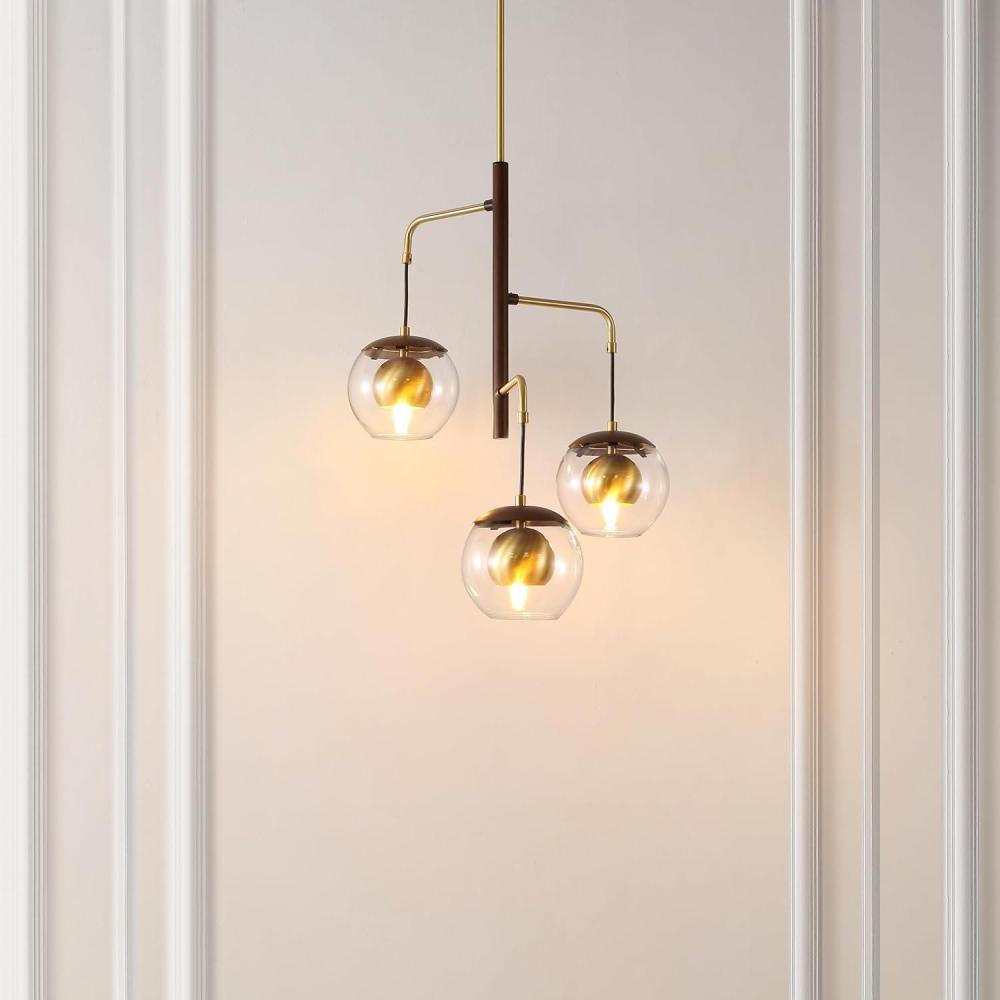 image:imageSAFAVIEH Lighting Collection Vylora BrownBrass Gold 3Light Adjustable Pendant Chandelier Hanging Light Fixture Ideal for Dining Room Kitchen Island Entryway LED Bulbs Included