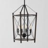 SAFAVIEH Lighting Collection Peltier Farmhouse Walnut/Black 4-Light Lantern Adjustable Pendant Chandelier Hanging Light Fixture, Ideal for Dining Room, Kitchen Island, Foyer (LED Bulbs Included)