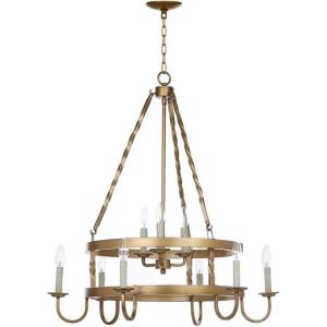 SAFAVIEH Lighting Collection Crowley Farmhouse Rustic Gold Metal 31-inch Diameter 9-light Adjustable Hanging Chandelier Light Fixture (LED Bulbs Included)