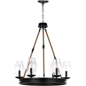 SAFAVIEH Lighting Collection Fritz Farmhouse Rustic Industrial Coastal Boho Black/ Brown 25-inch Diameter 6-light Adjustable Hanging Wagon Wheel Chandelier Light Fixture (LED Bulbs Included)