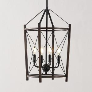 SAFAVIEH Lighting Collection Peltier Farmhouse Walnut/Black 4-Light Lantern Adjustable Pendant Chandelier Hanging Light Fixture, Ideal for Dining Room, Kitchen Island, Foyer (LED Bulbs Included)