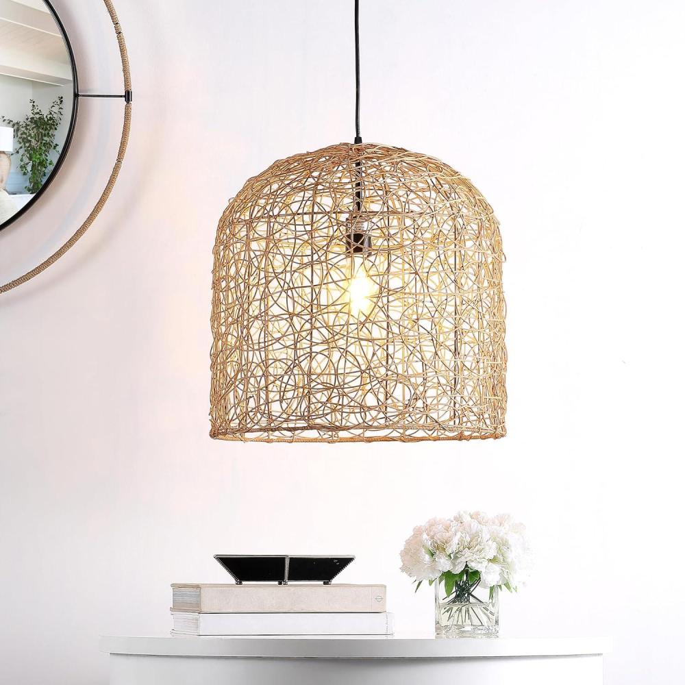 image:imageSAFAVIEH Lighting Collection Bianco Boho Coastal Tropical Natural Rattan 18inch Pendant